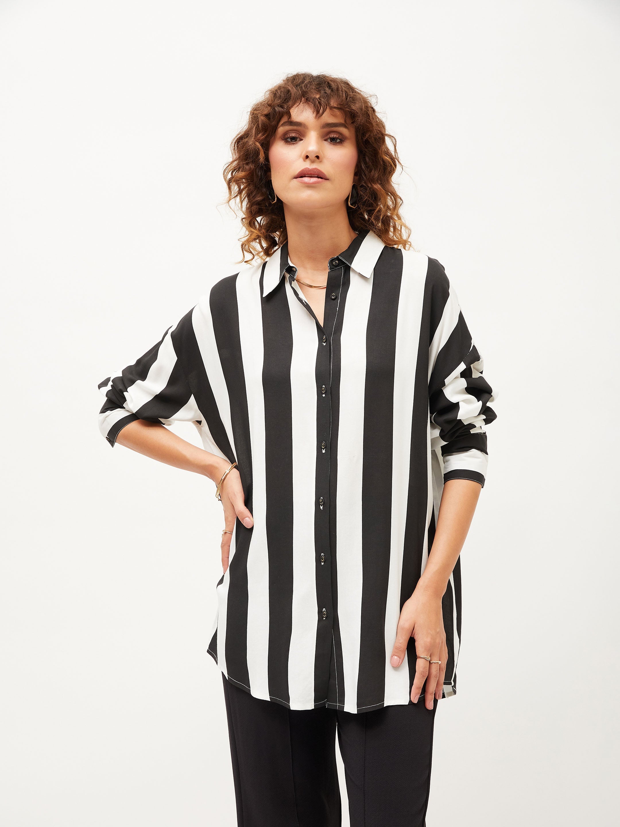 Women Black & White Striped Oversized Shirt