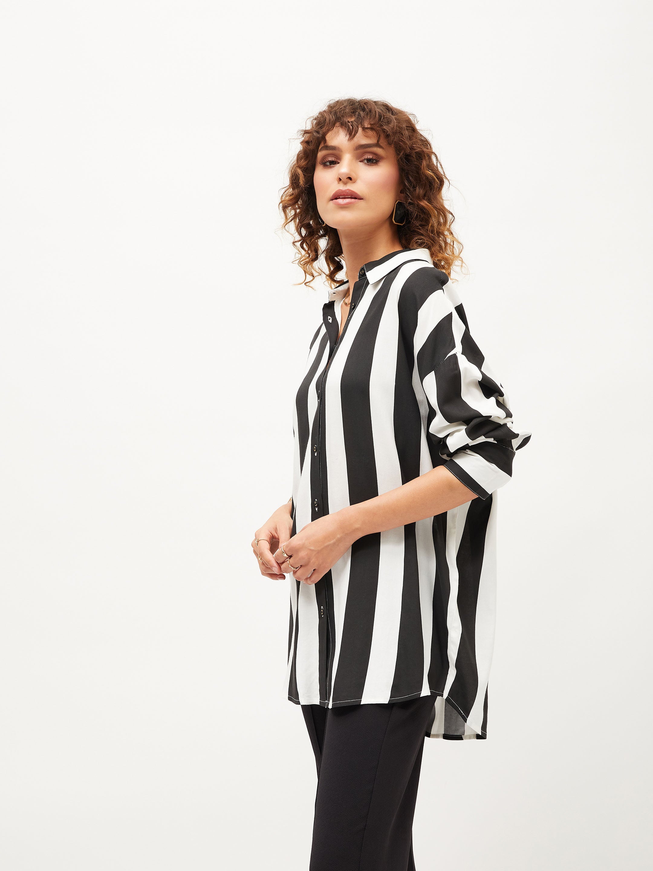 Women Black & White Striped Oversized Shirt