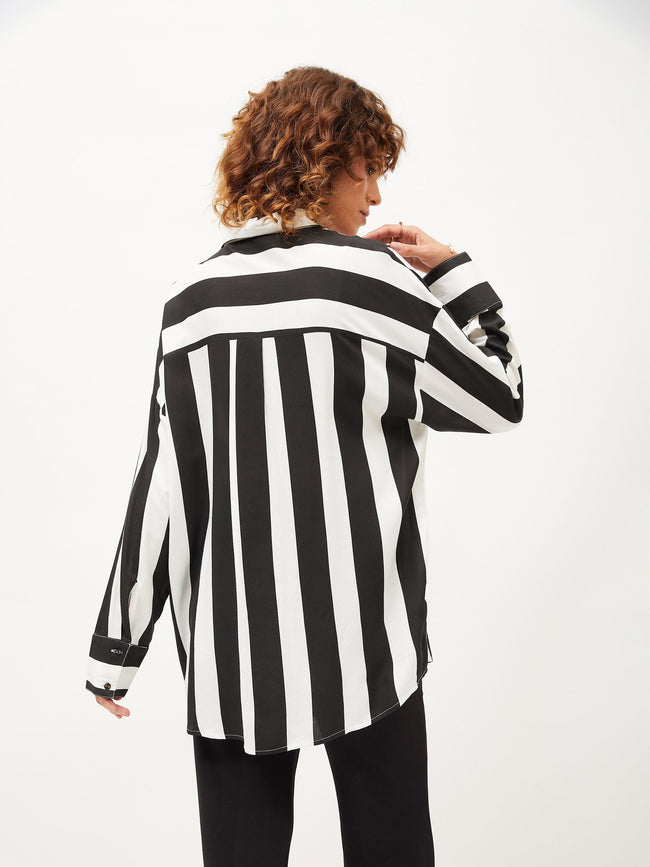 Women Black & White Striped Oversized Shirt