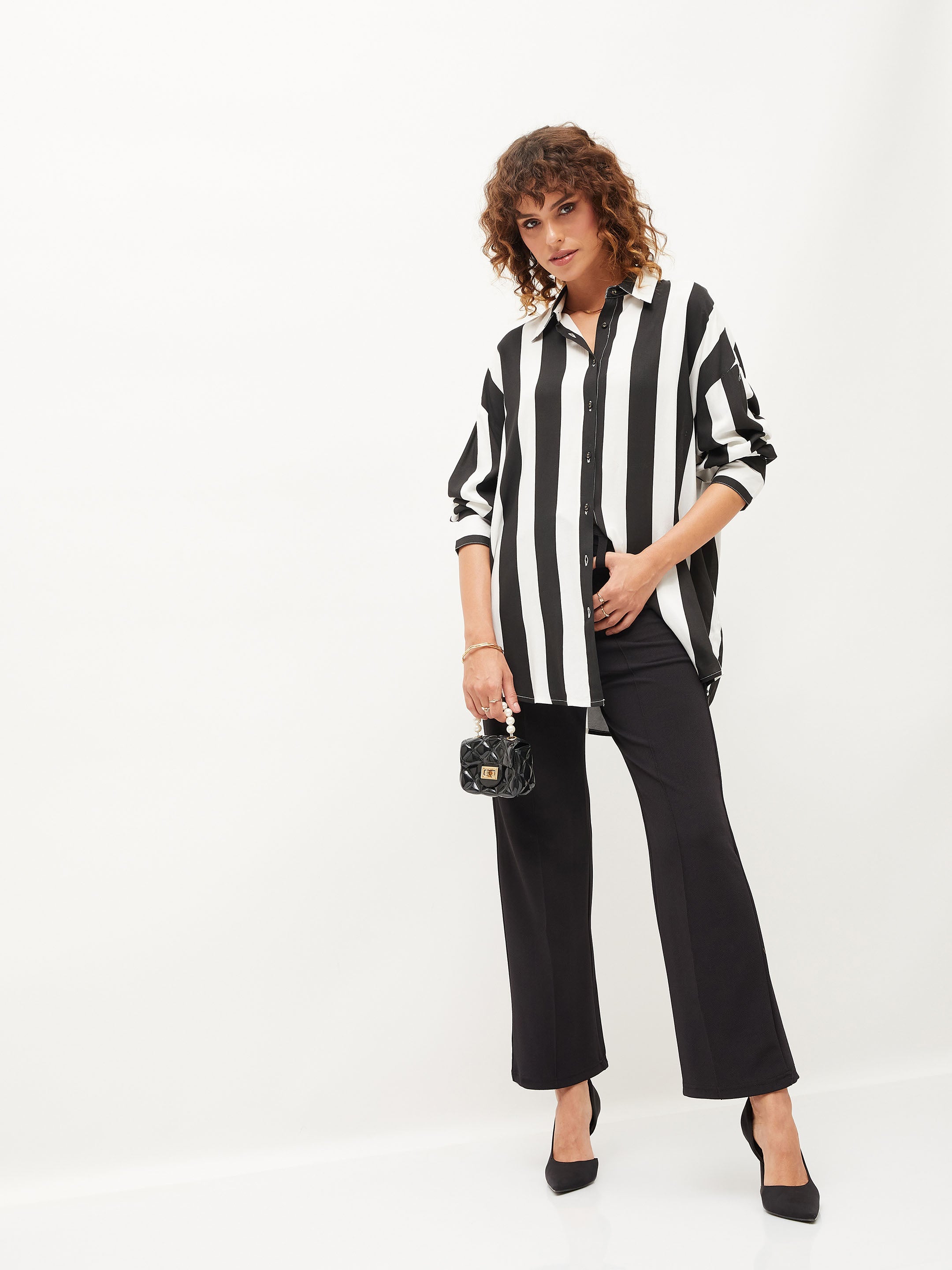 Women Black & White Striped Oversized Shirt