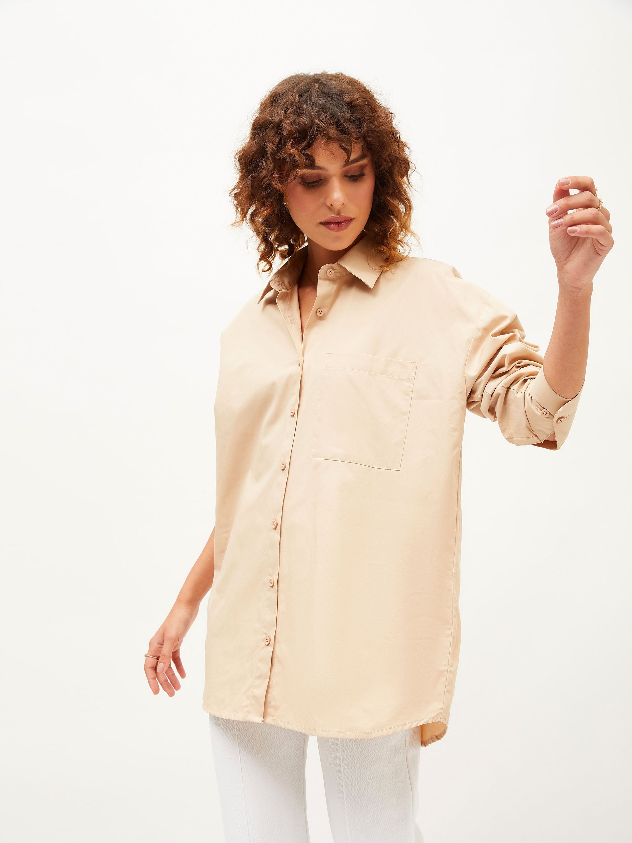 Women Beige Poplin Oversized Shirt