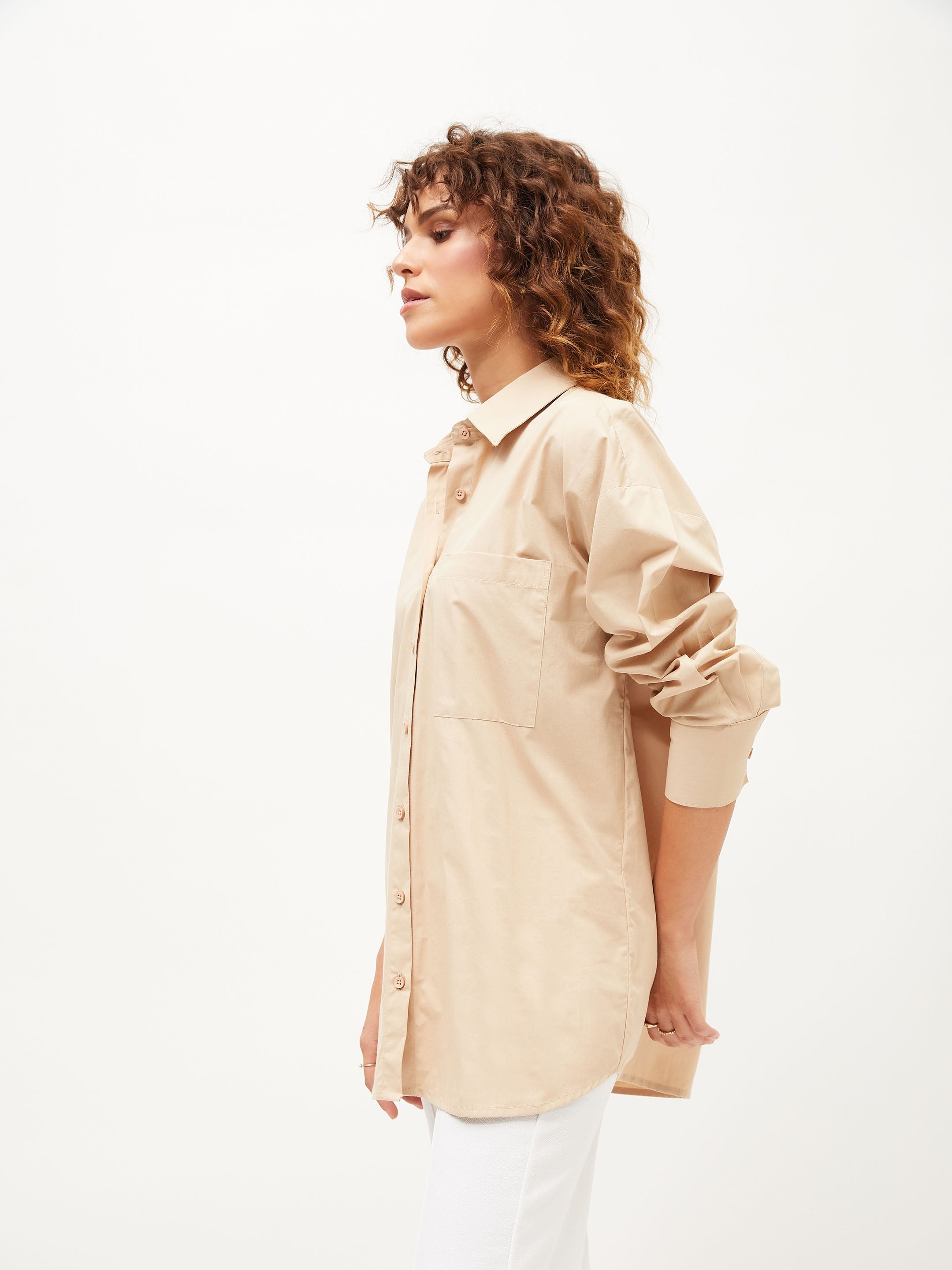 Women Beige Poplin Oversized Shirt
