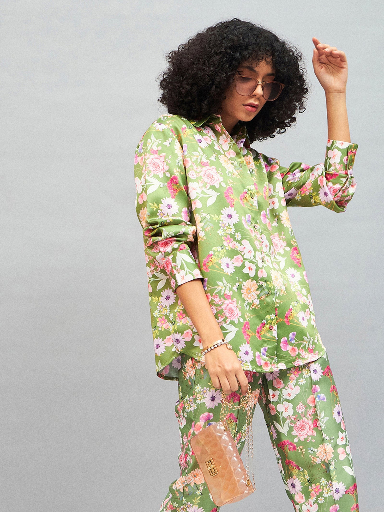 Olive Satin Floral Oversized Shirt-SASSAFRAS