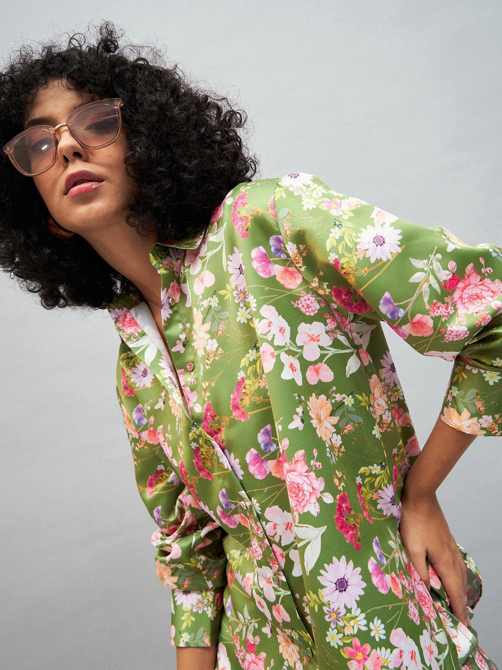 Olive Satin Floral Oversized Shirt-SASSAFRAS