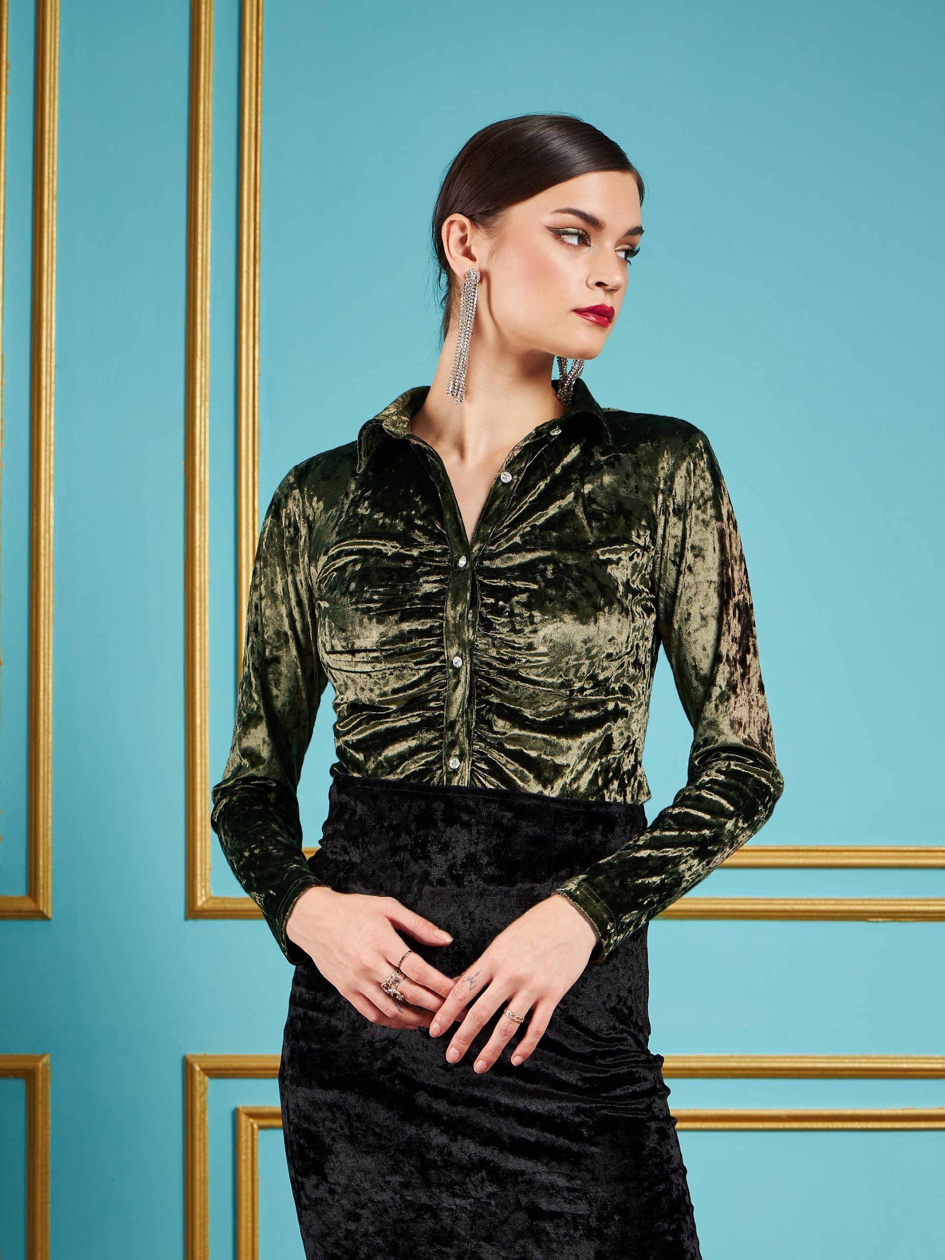 Olive Velvet Ruched Shirt-SASSAFRAS