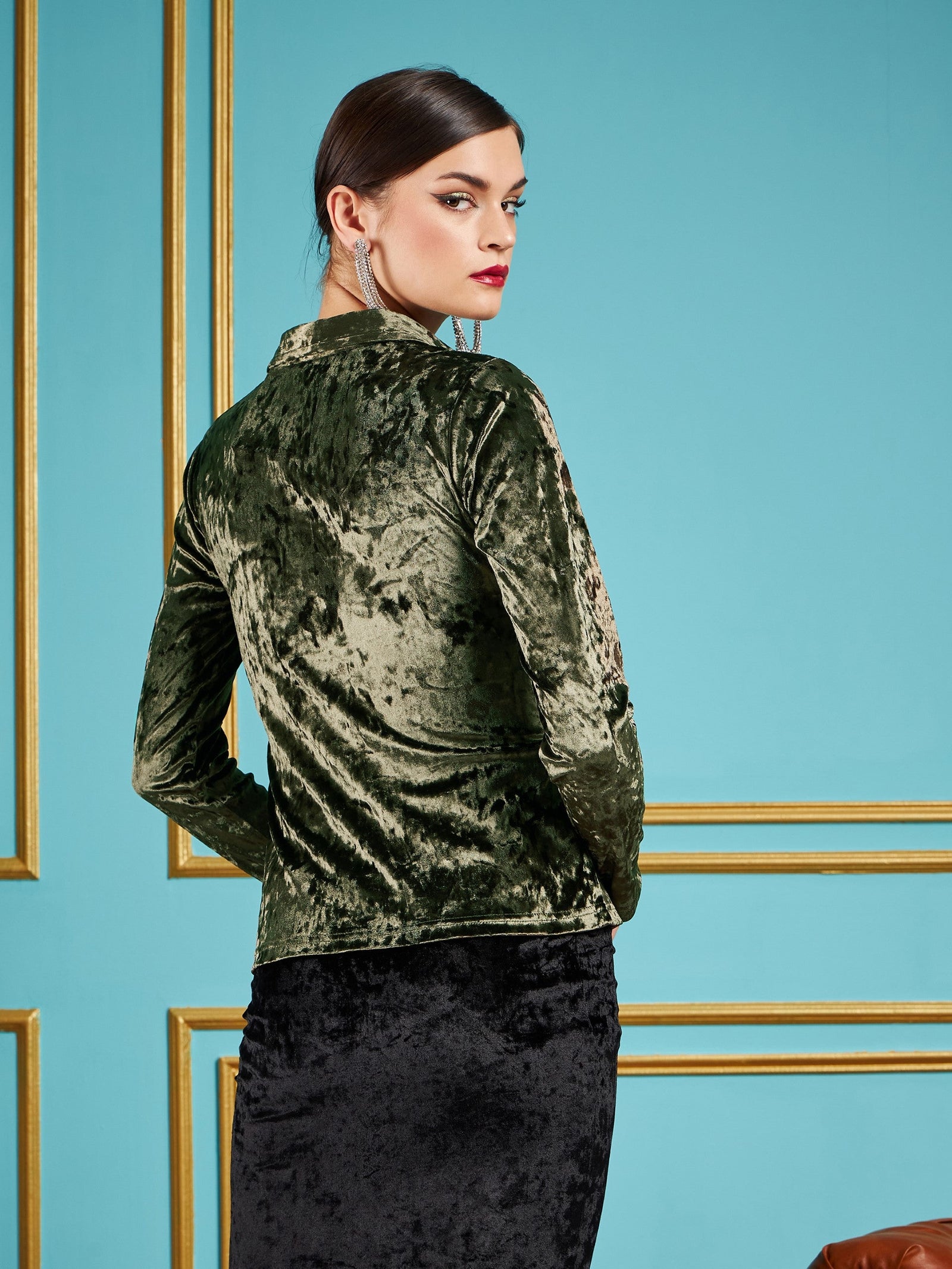 Olive Velvet Ruched Shirt-SASSAFRAS