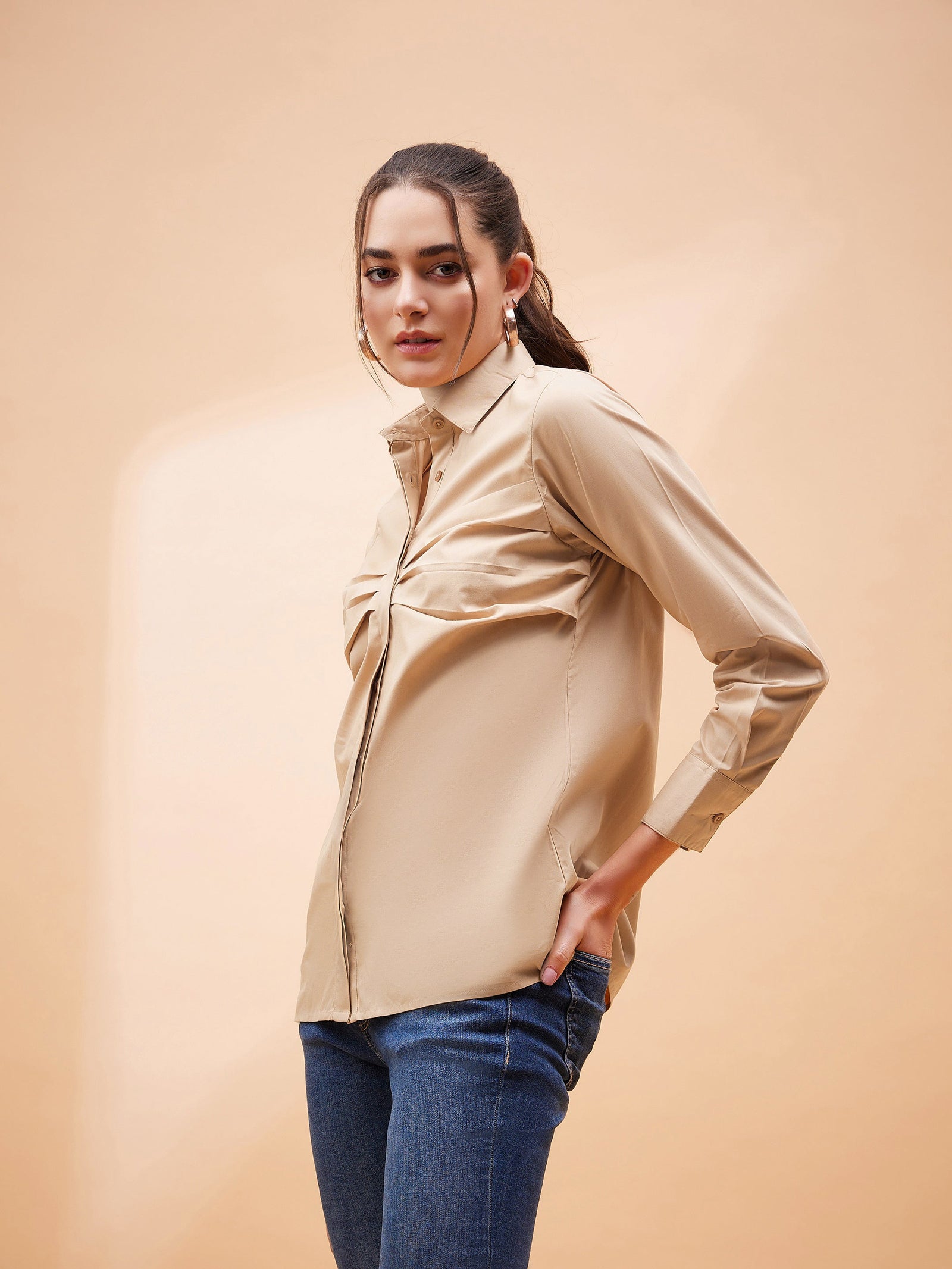 Women Beige Pleated Detail Shirt