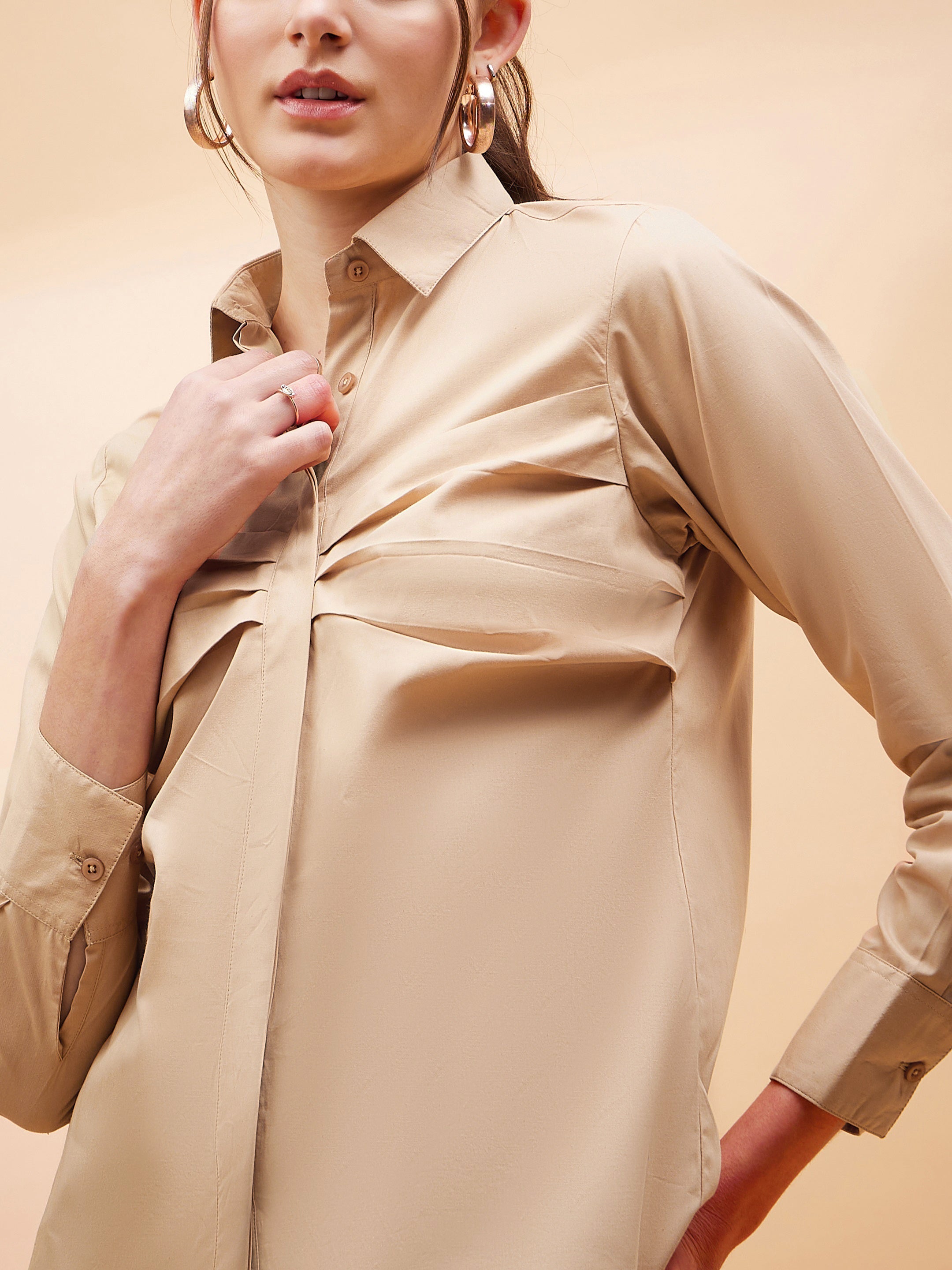 Women Beige Pleated Detail Shirt