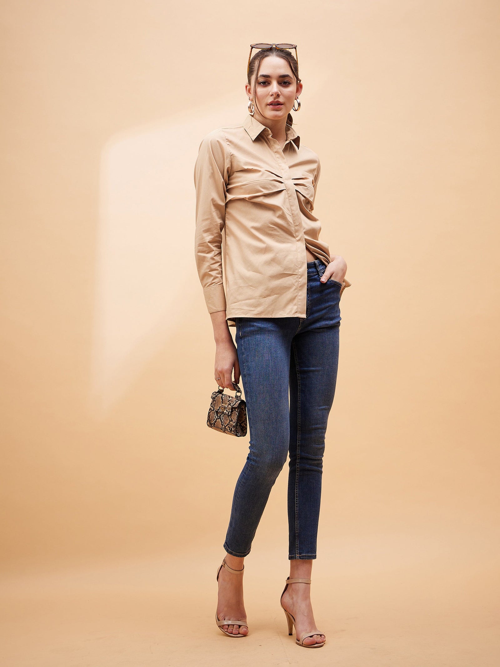 Women Beige Pleated Detail Shirt