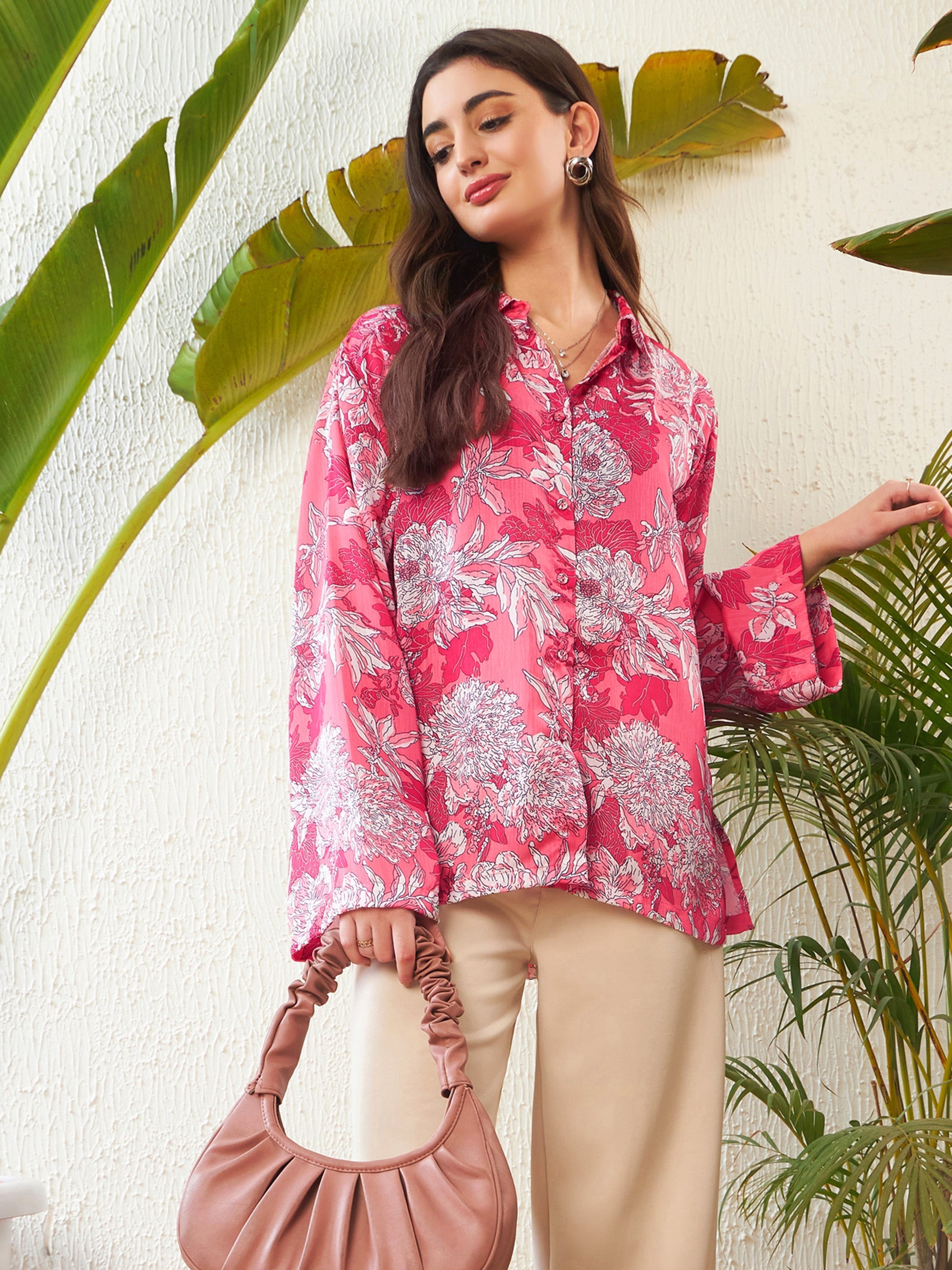 Women Pink Floral Oversized Shirt