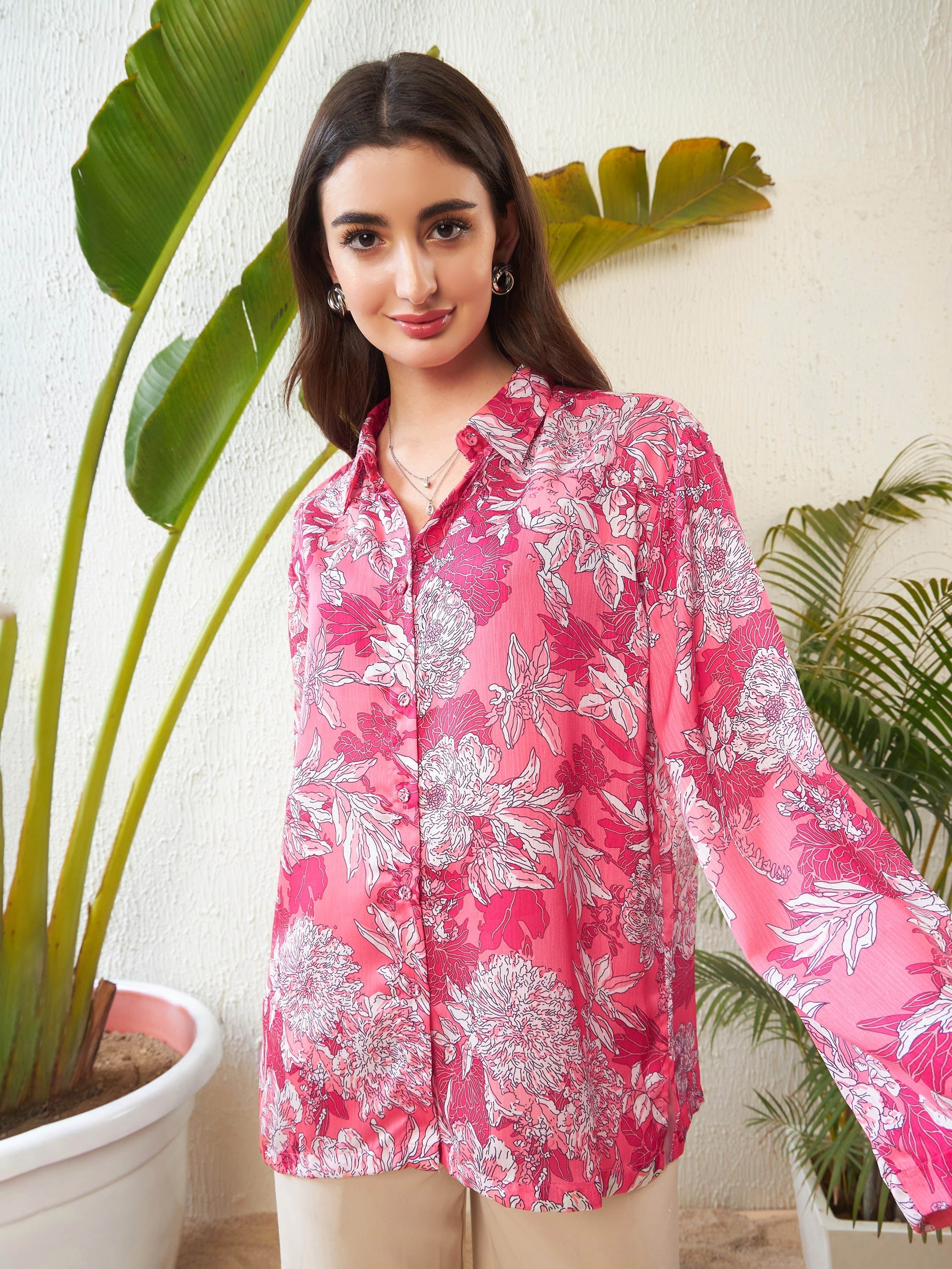 Women Pink Floral Oversized Shirt
