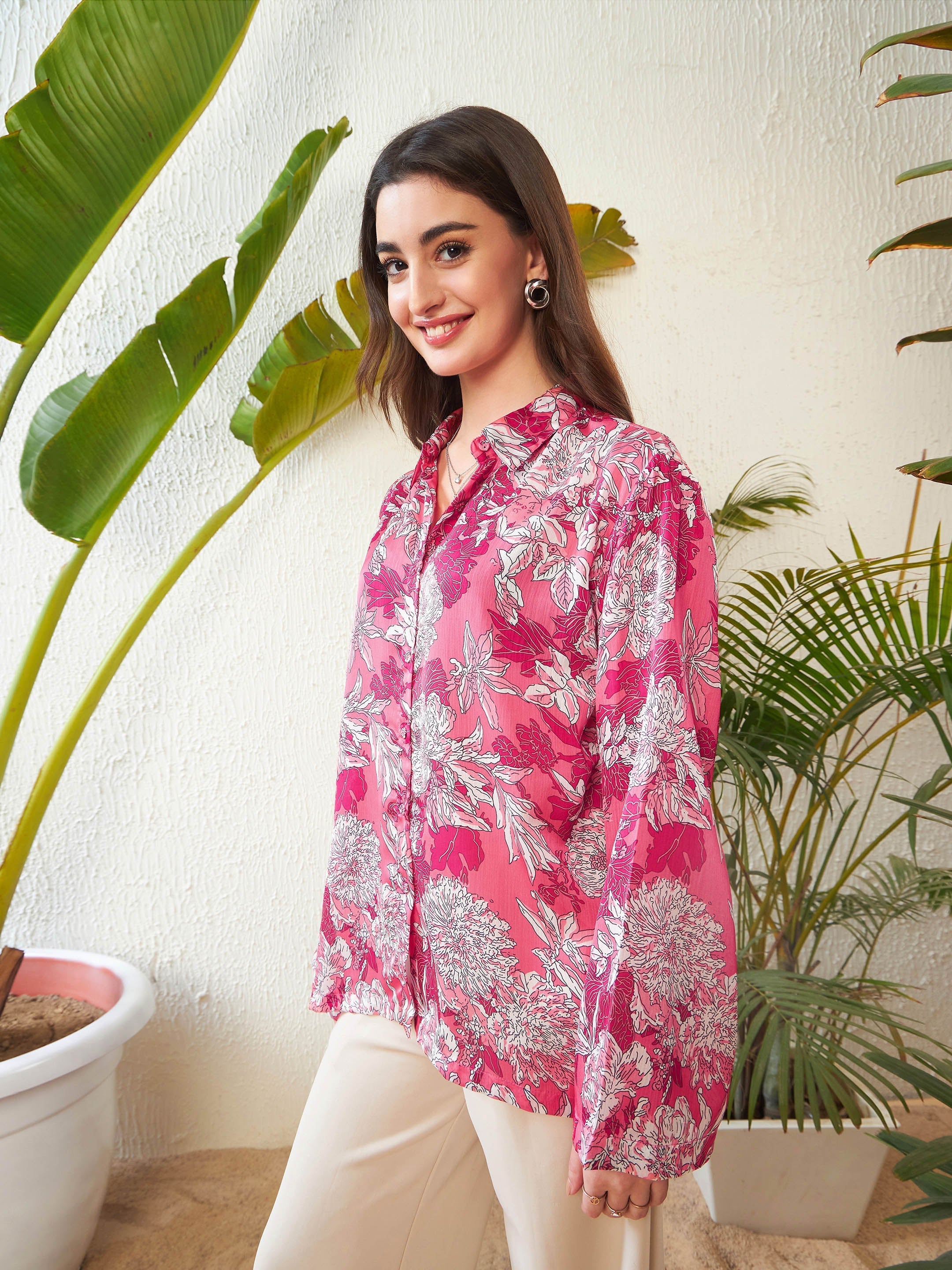 Women Pink Floral Oversized Shirt