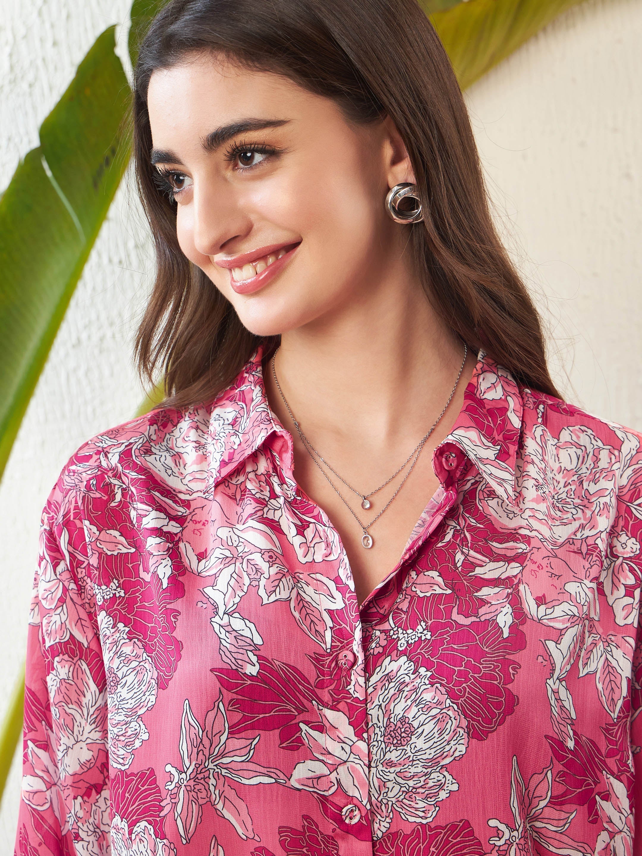 Women Pink Floral Oversized Shirt