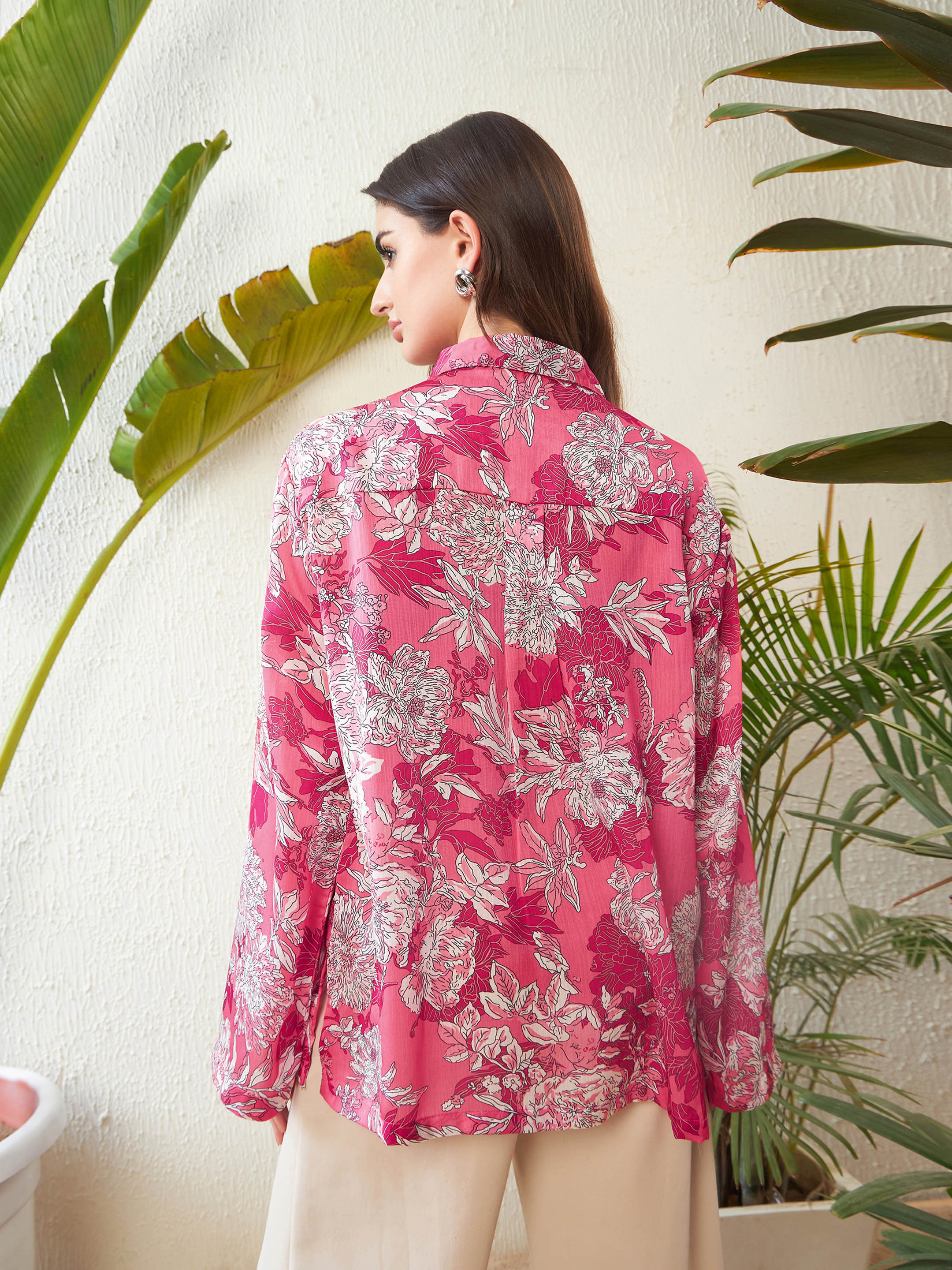 Women Pink Floral Oversized Shirt