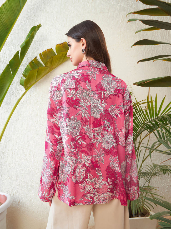 Women Pink Floral Oversized Shirt