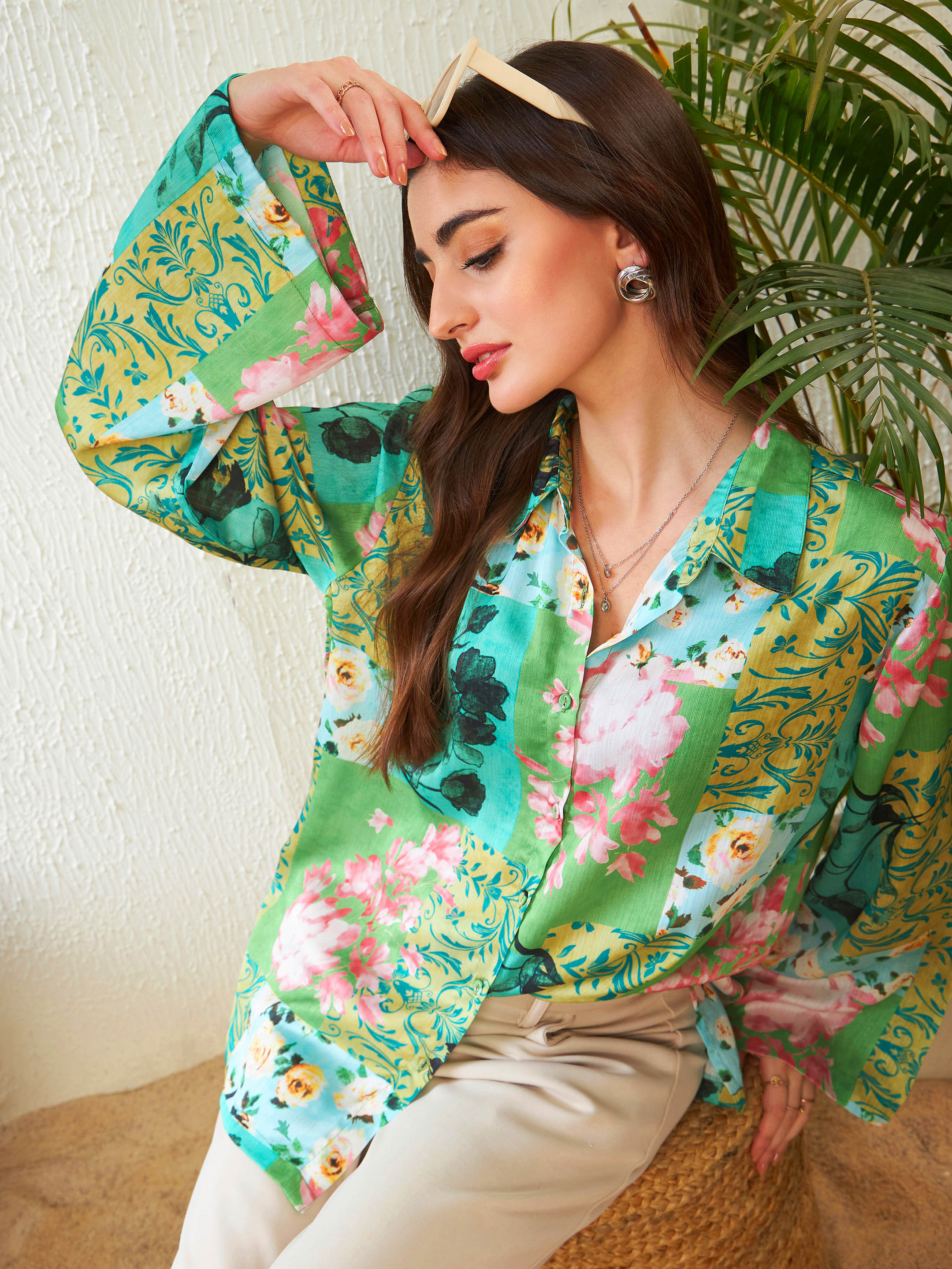Women Green Placement Floral Oversized Shirt