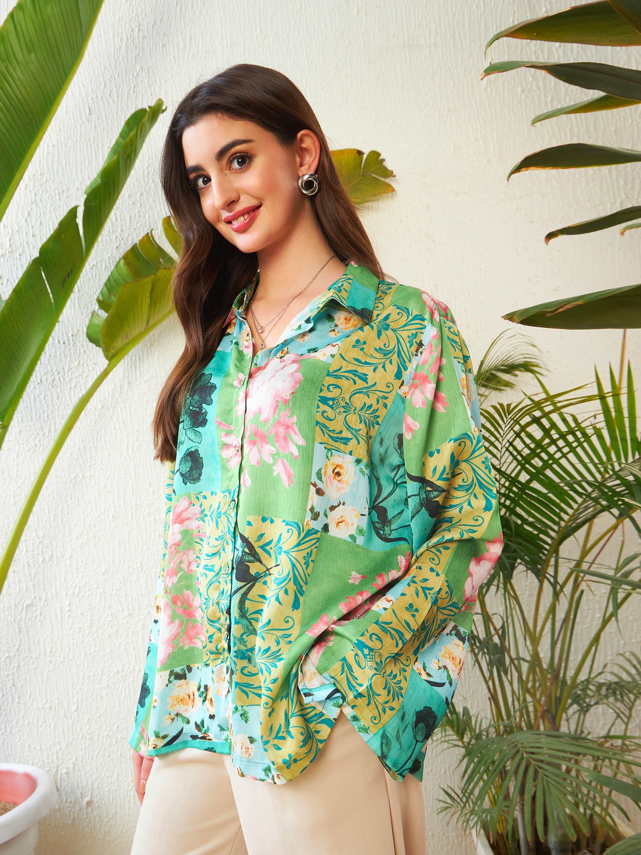 Women Green Placement Floral Oversized Shirt