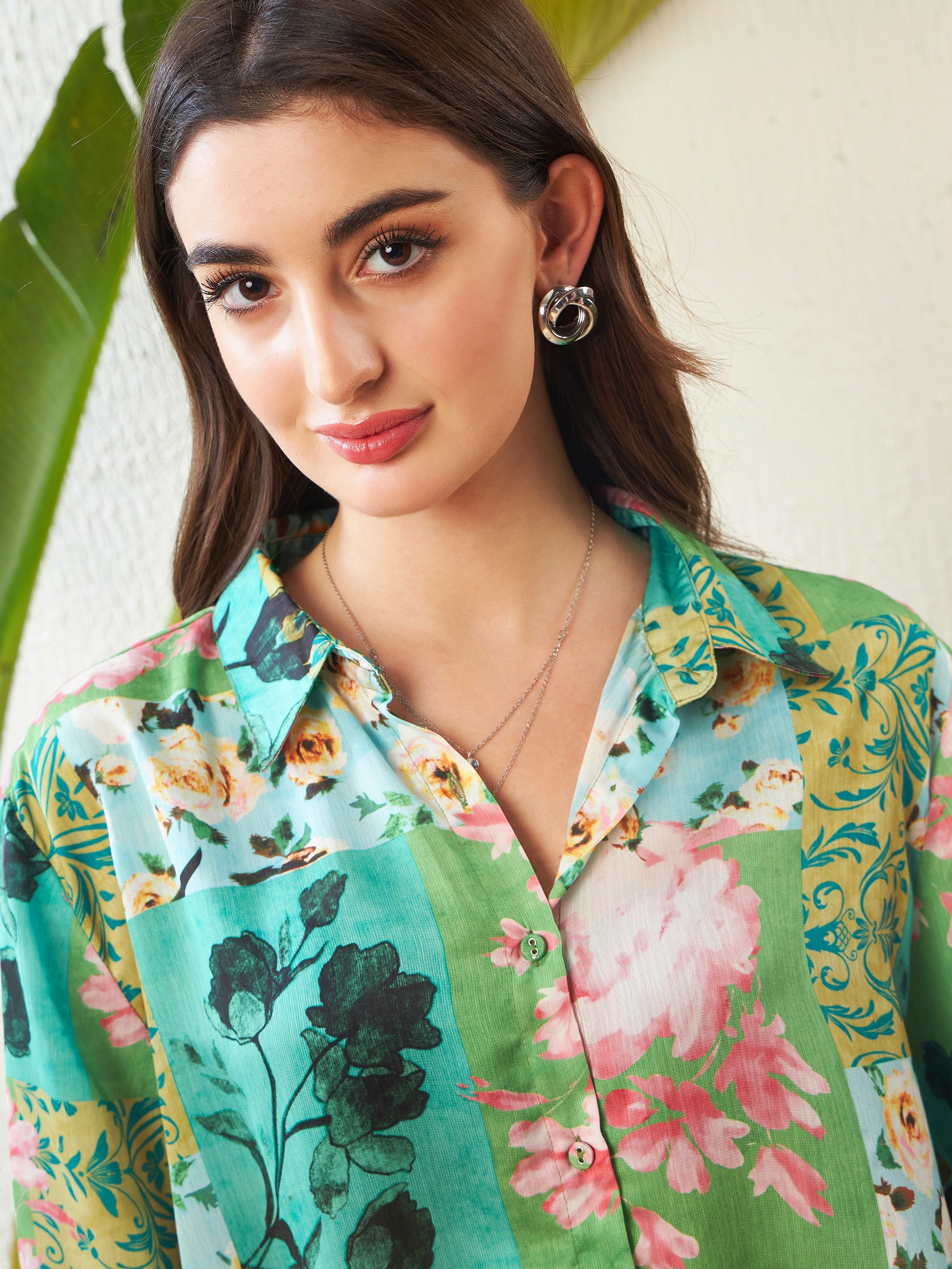 Women Green Placement Floral Oversized Shirt