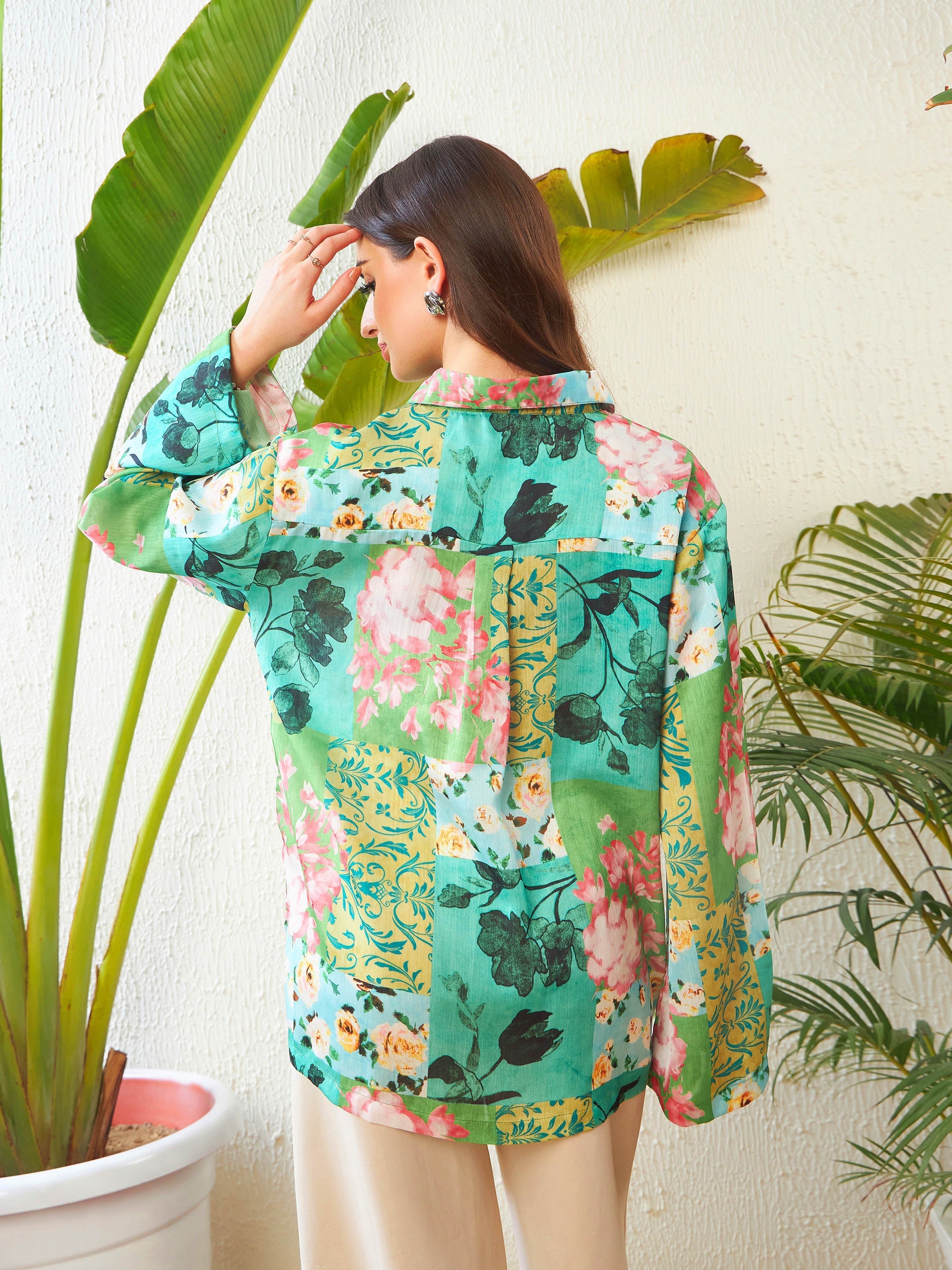 Women Green Placement Floral Oversized Shirt