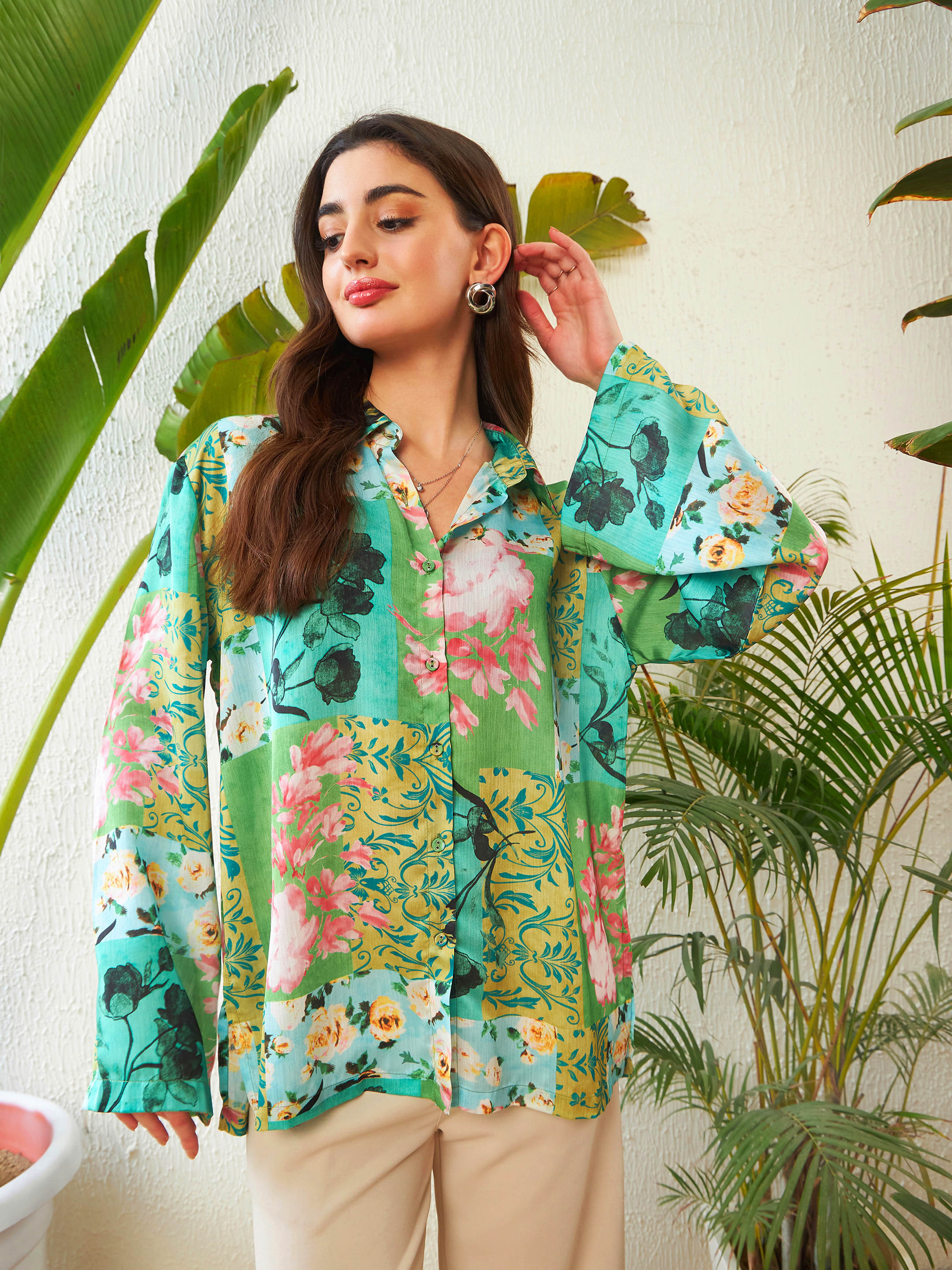Women Green Placement Floral Oversized Shirt