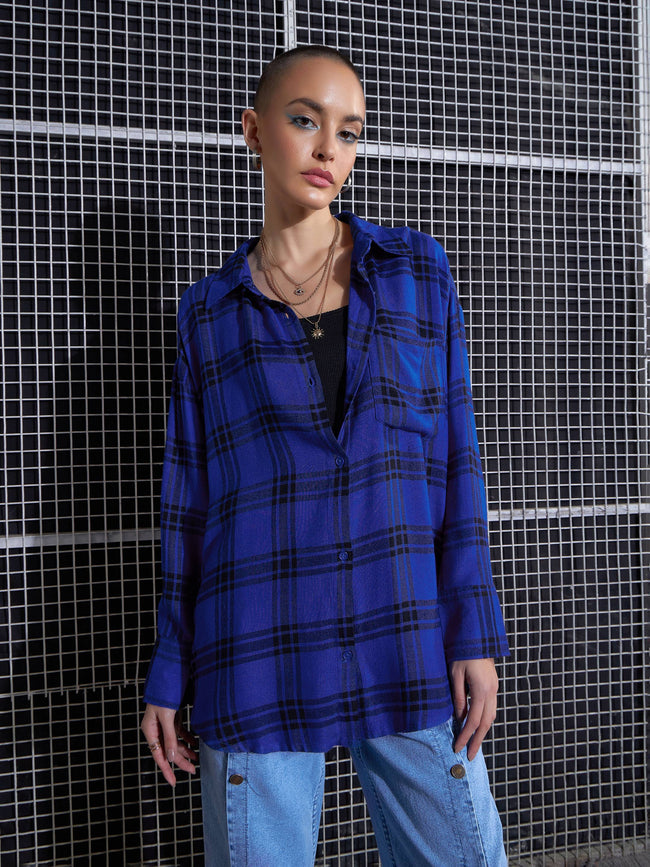 Royal Blue Yarn Dyed Check Oversized Shirt-SASSAFRAS