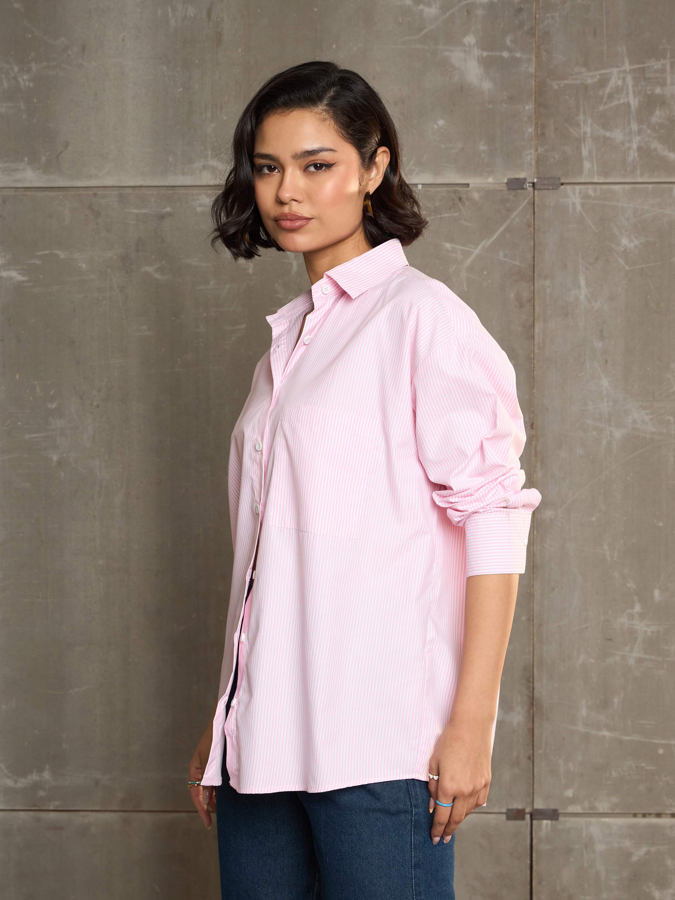Women Pink & White Striped Oversized Shirt