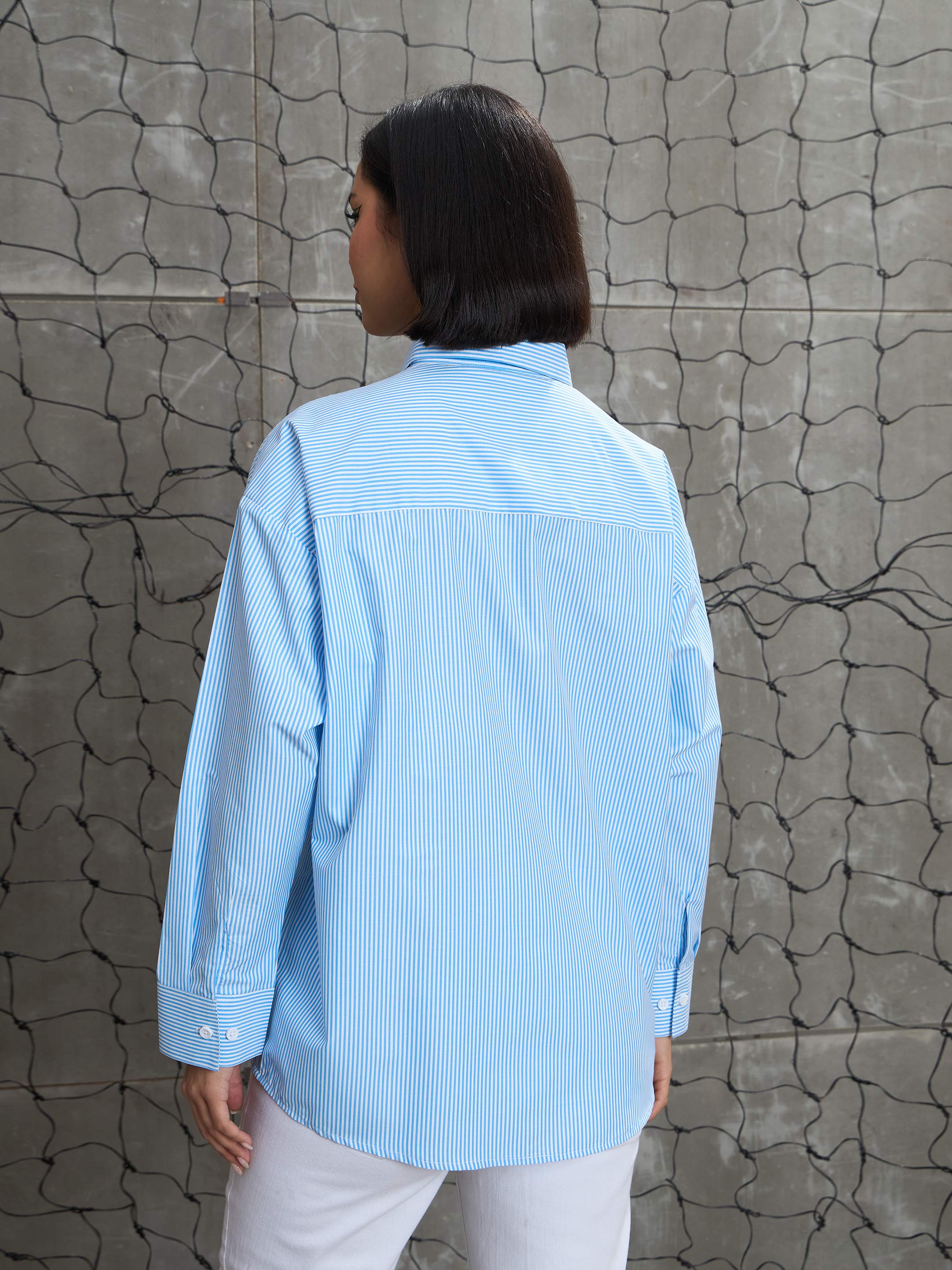 Women Blue & White Striped Oversized Shirt