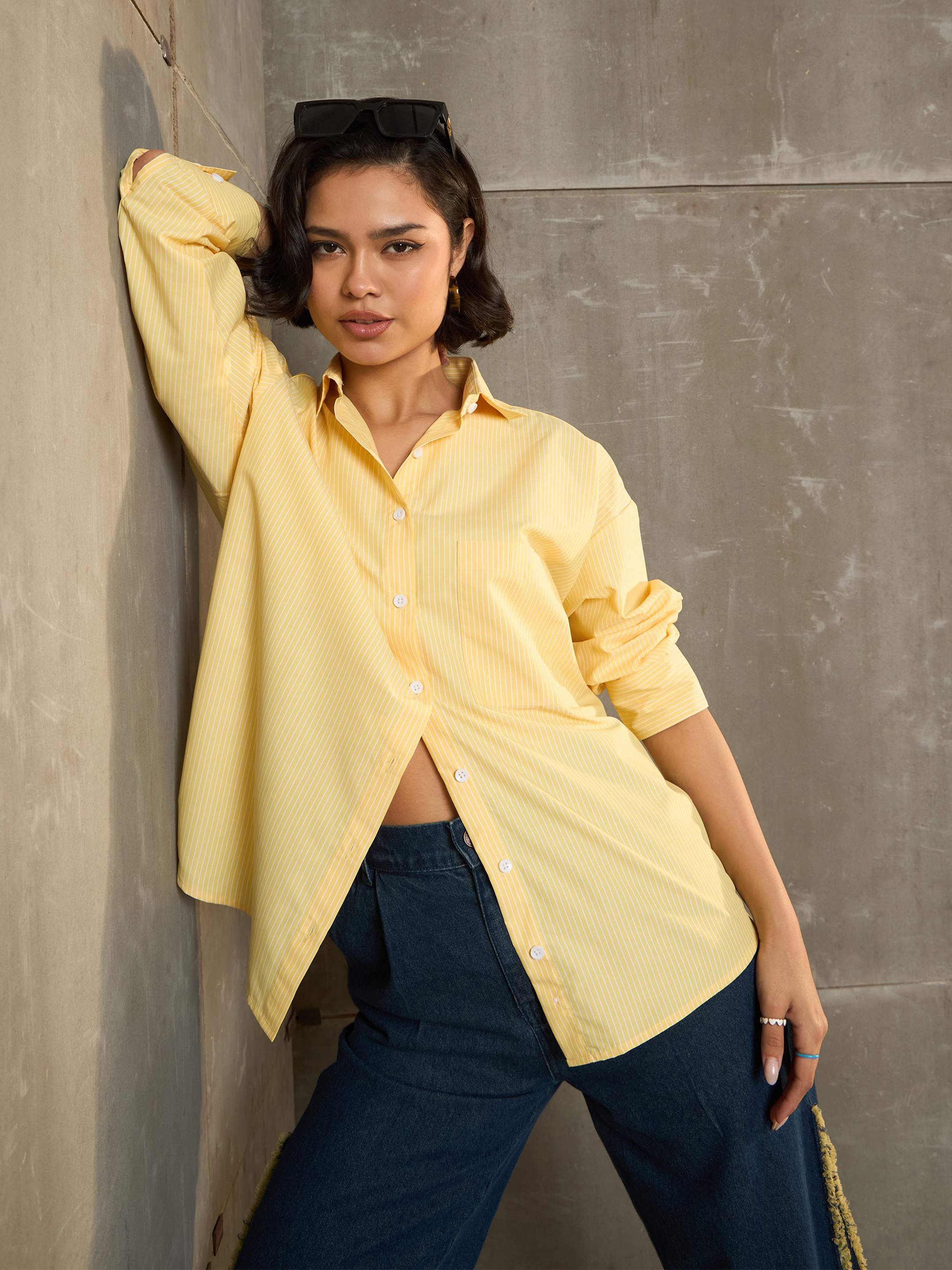 Women Yellow & White Striped Oversized Shirt