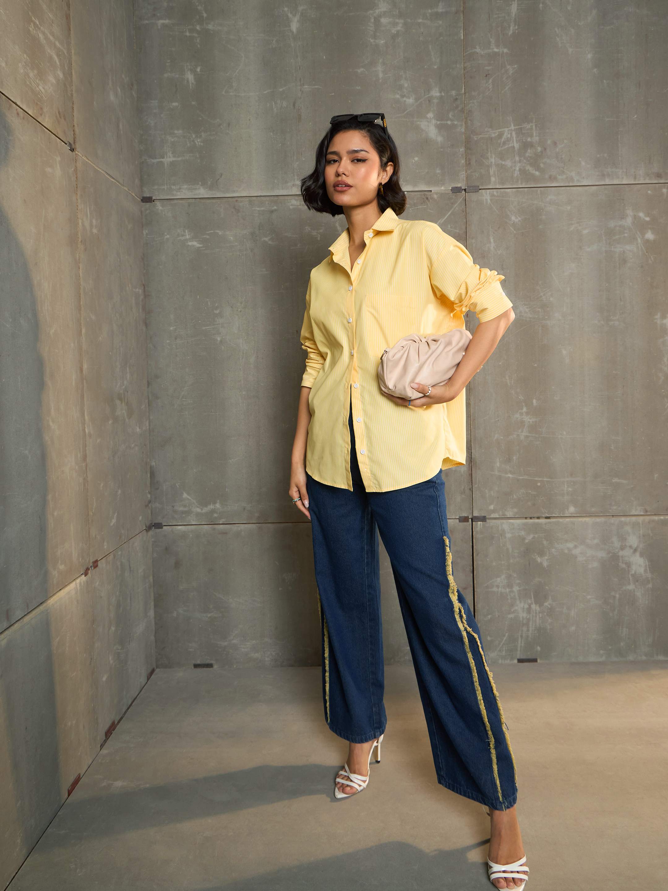 Women Yellow & White Striped Oversized Shirt