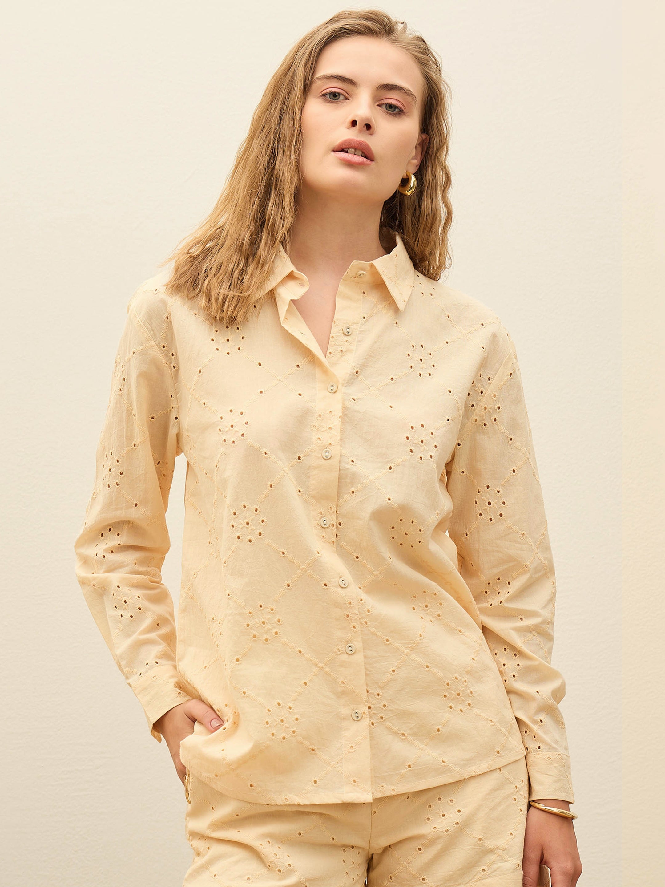 Women Cream Schiffli Full Sleeve Regular Shirt