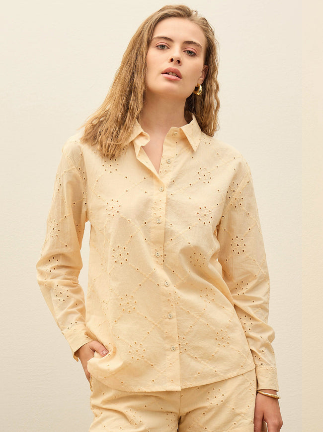 Women Cream Schiffli Full Sleeve Regular Shirt