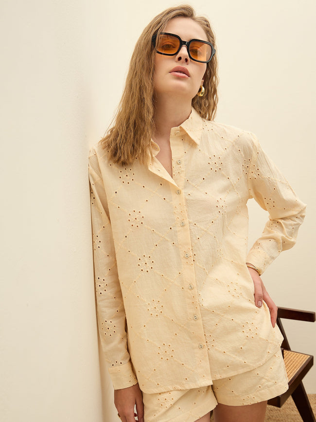Women Cream Schiffli Full Sleeve Regular Shirt