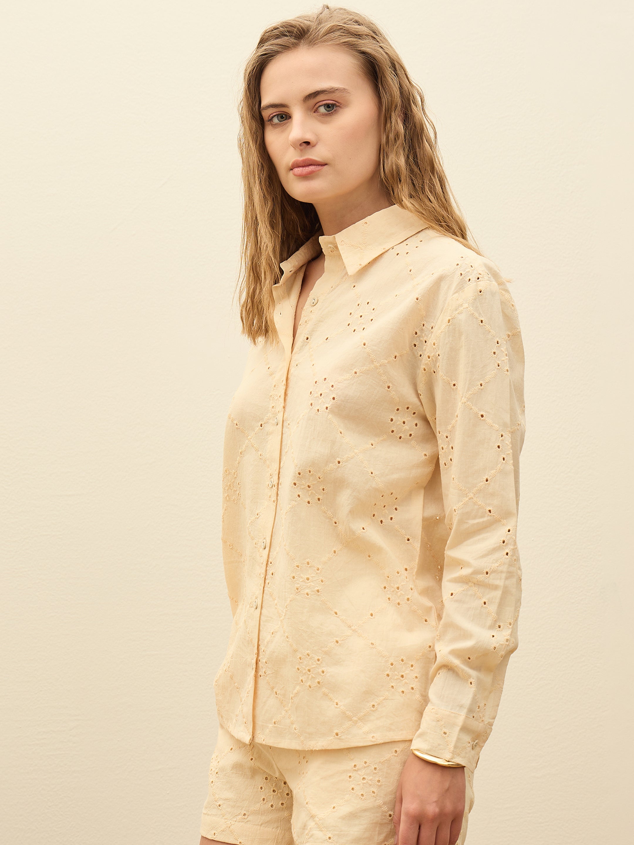 Women Cream Schiffli Full Sleeve Regular Shirt