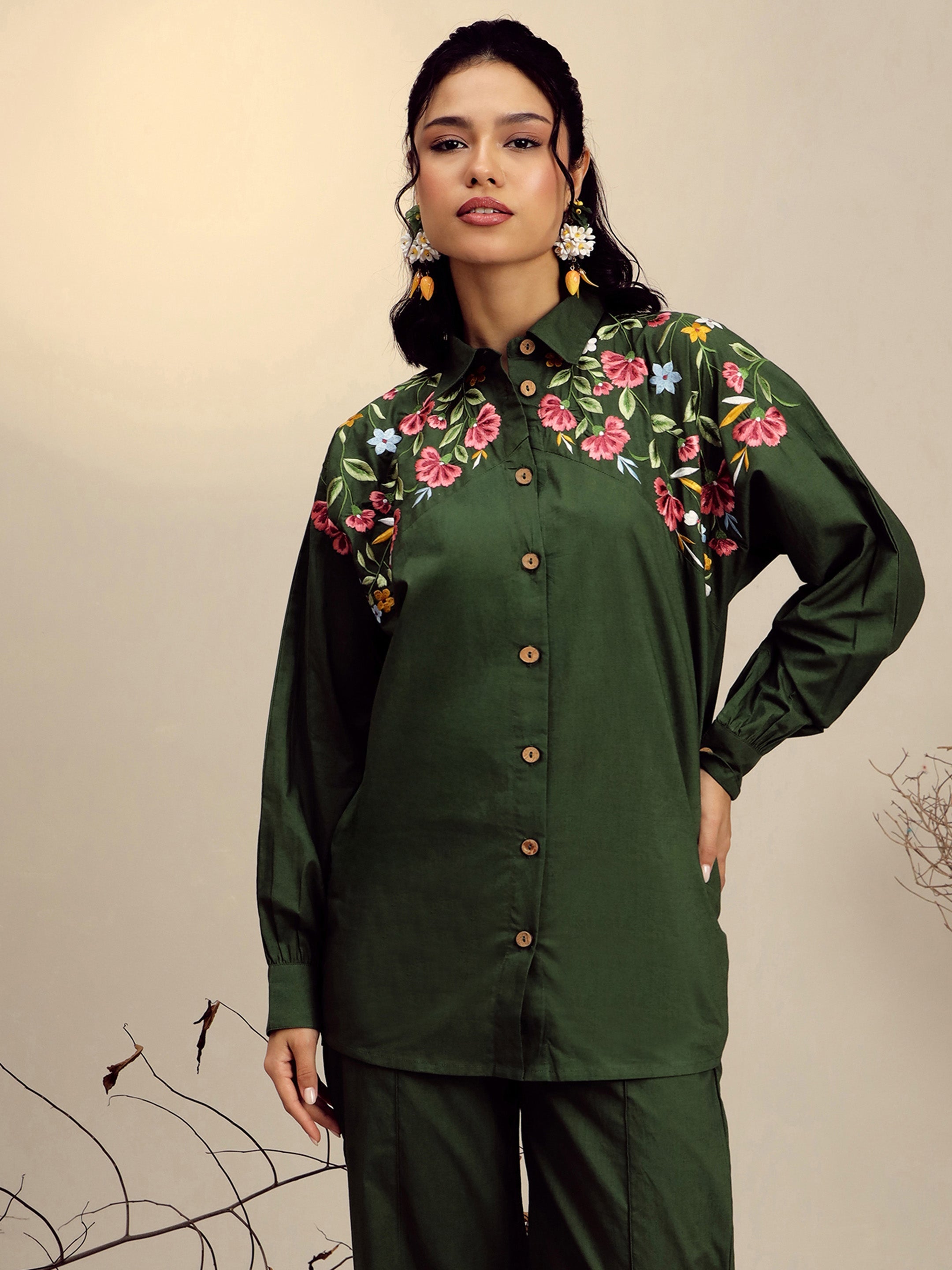 Women Olive Poplin Embroidered Shirt