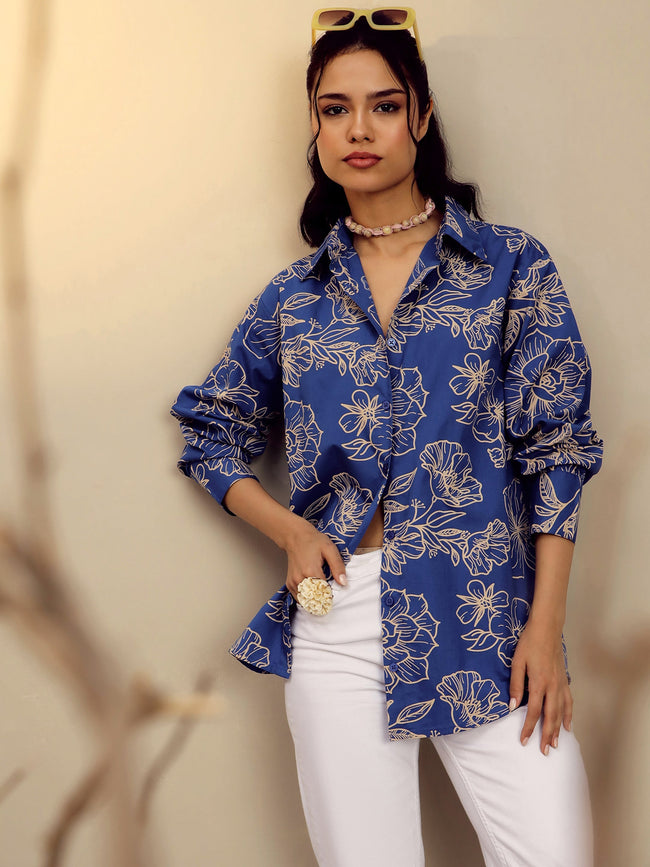Women Blue Poplin Floral Regular Shirt