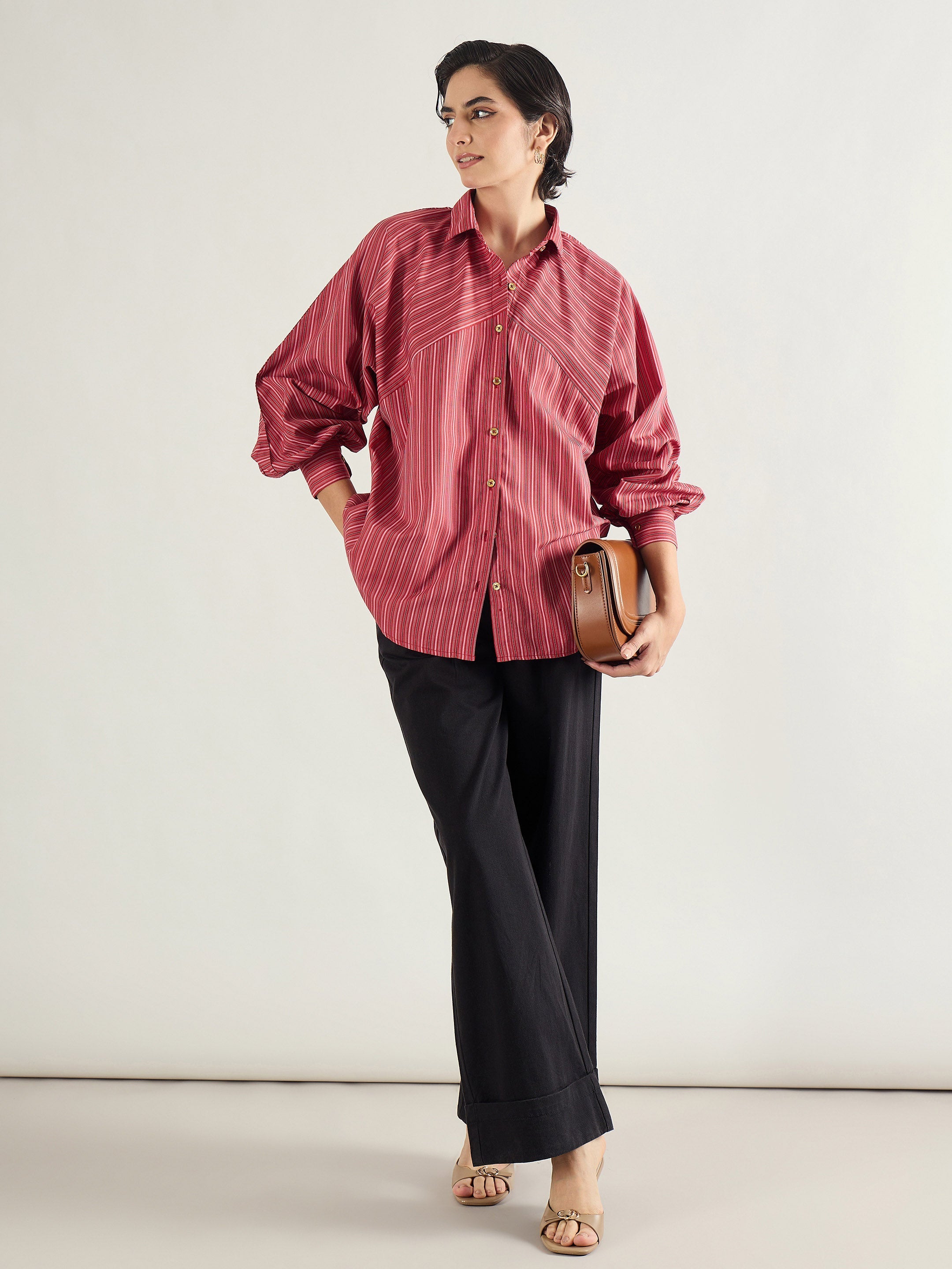 Women Red & White Stripe Oversized Shirt