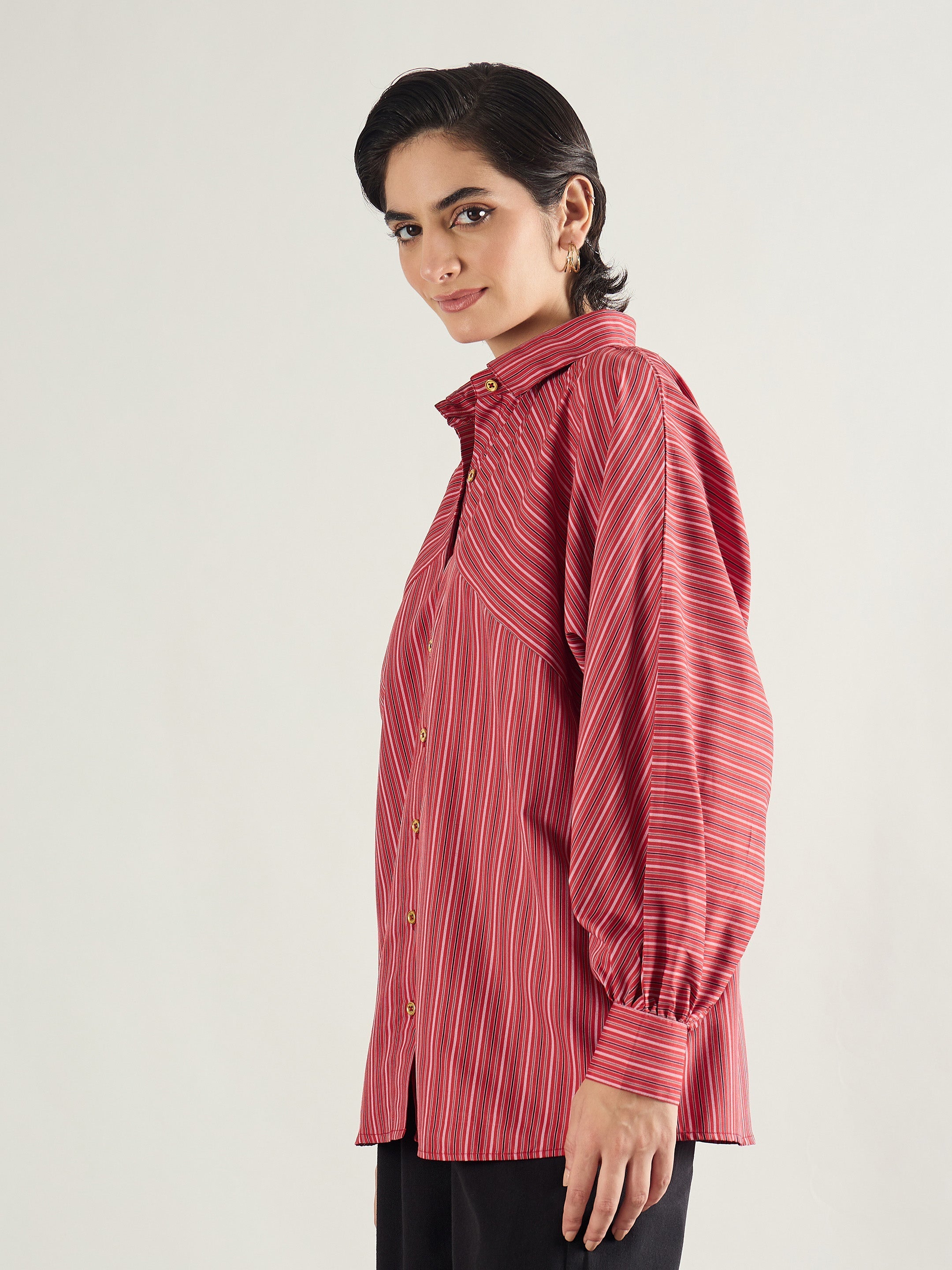 Women Red & White Stripe Oversized Shirt
