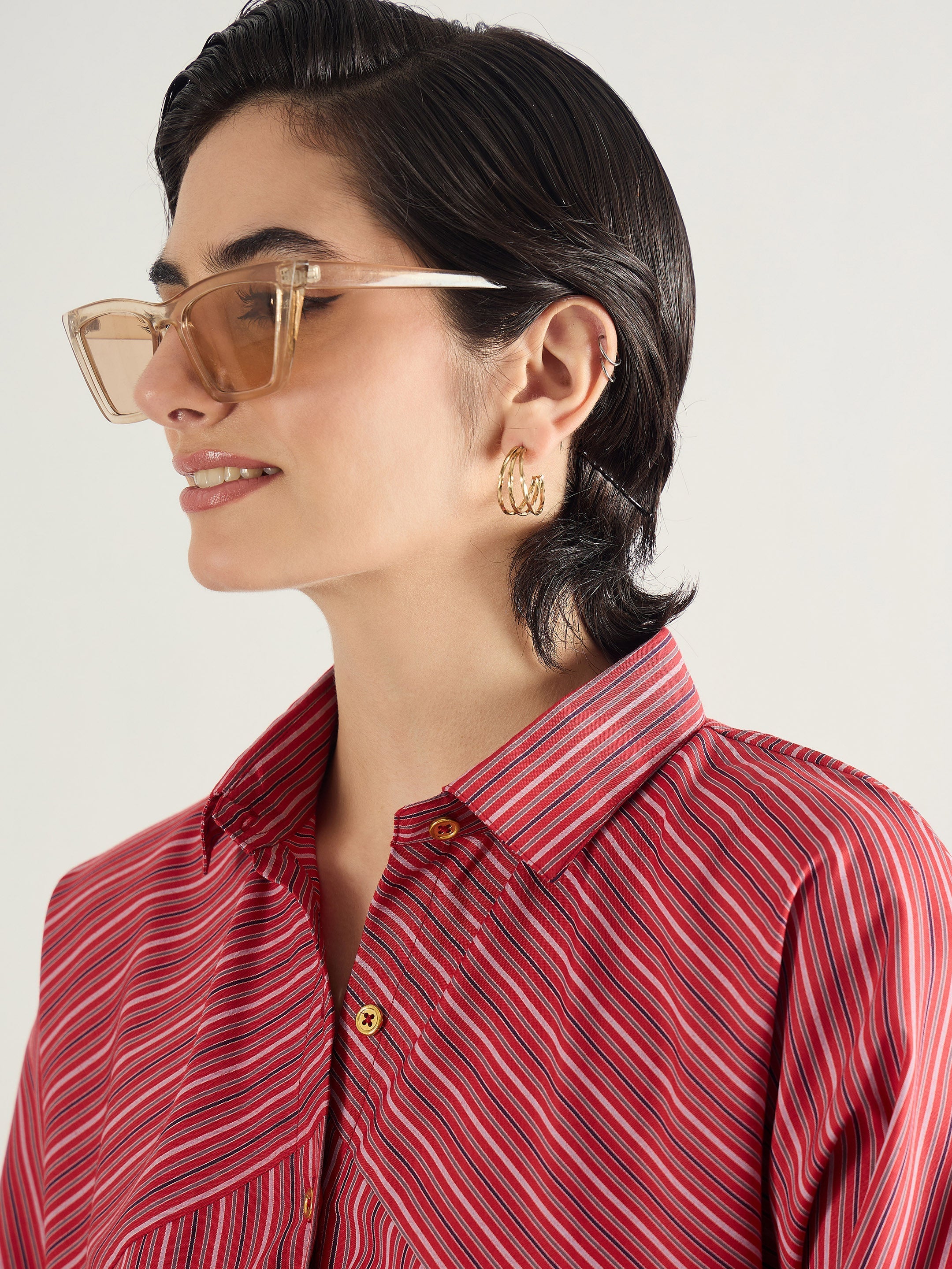 Women Red & White Stripe Oversized Shirt
