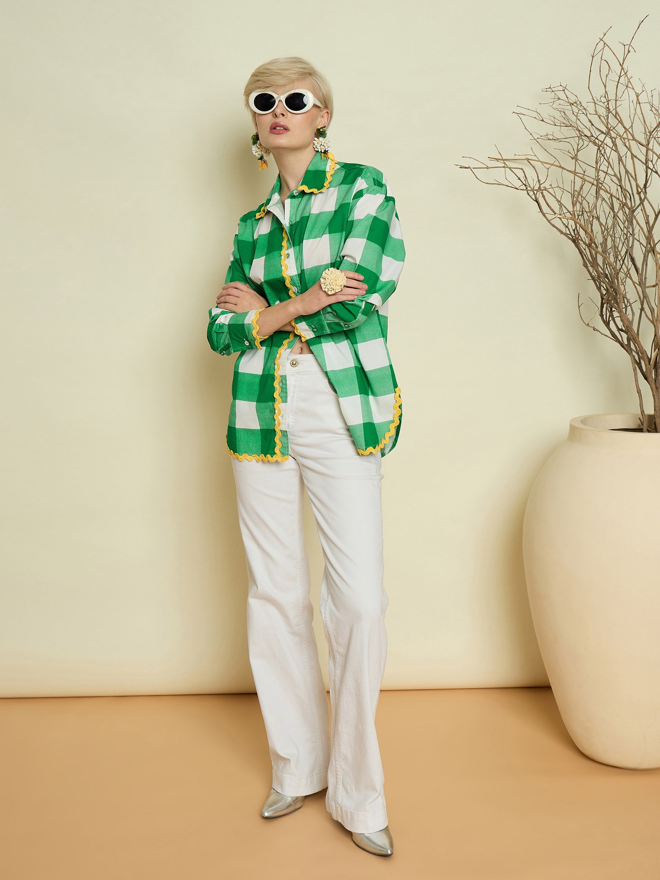 Women Green Big Check Ric Rac Regular Shirt