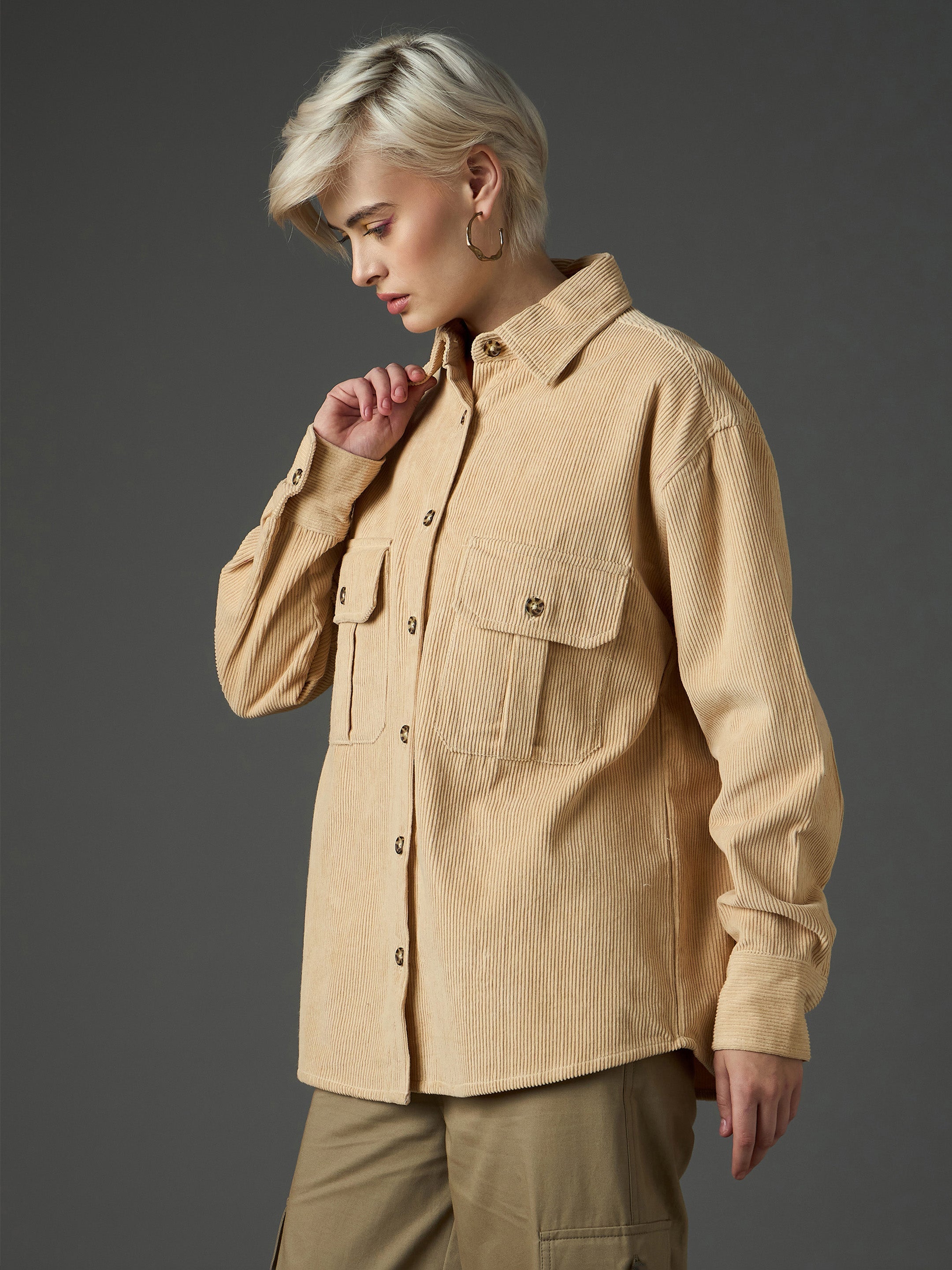 Women Light Beige Corduroy Oversized Shirt