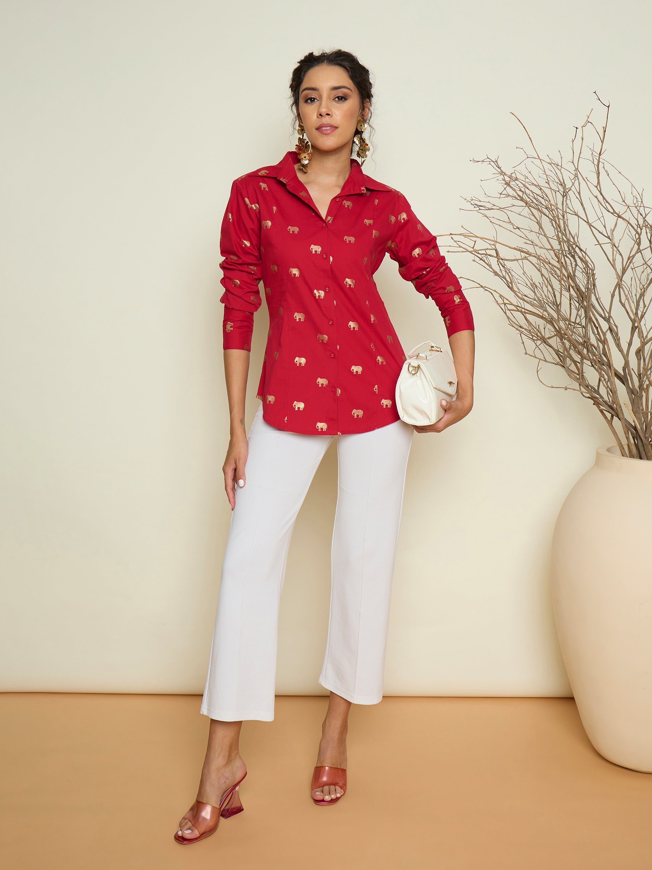 Women Magenta Foil Printed Shoulder Padded Slim Fit Poplin Shirt