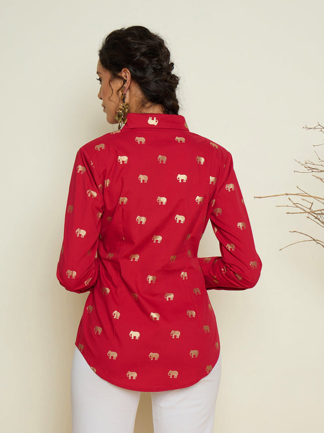 Women Magenta Foil Printed Shoulder Padded Slim Fit Poplin Shirt