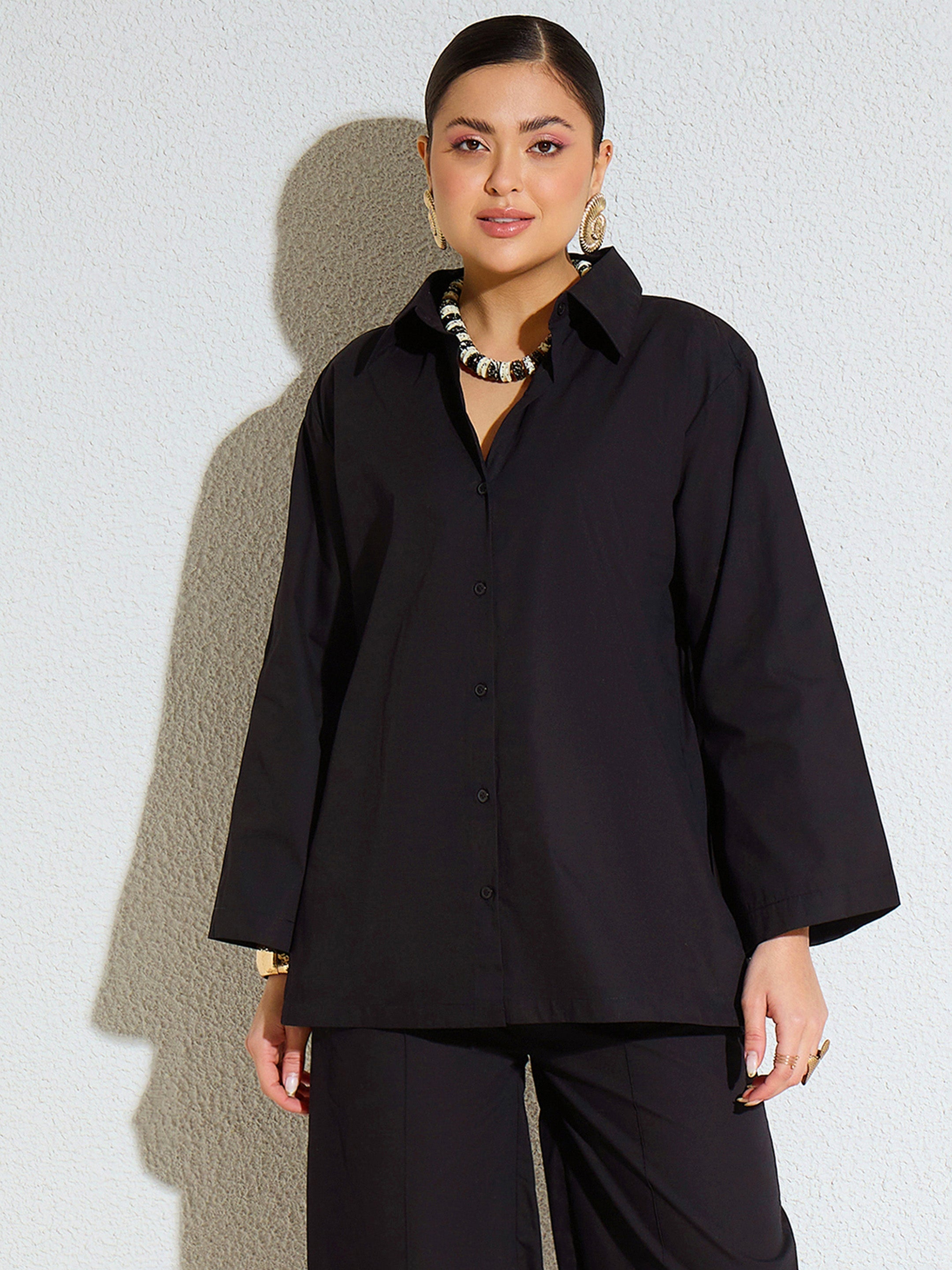 Women Black Poplin Full Sleeves Oversize Shirt