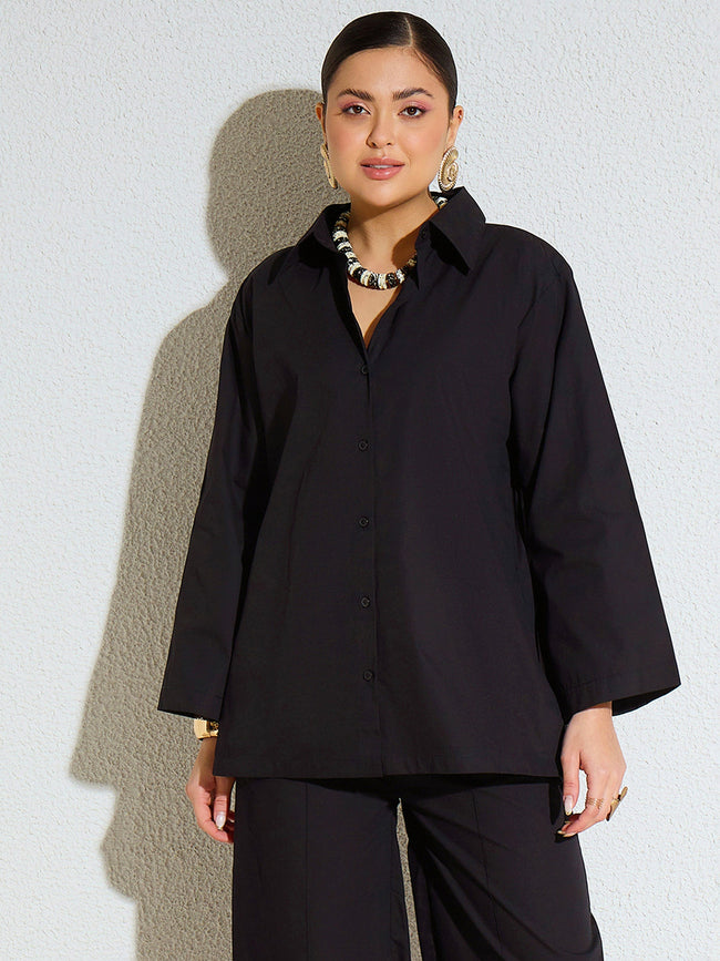 Women Black Poplin Full Sleeves Oversize Shirt