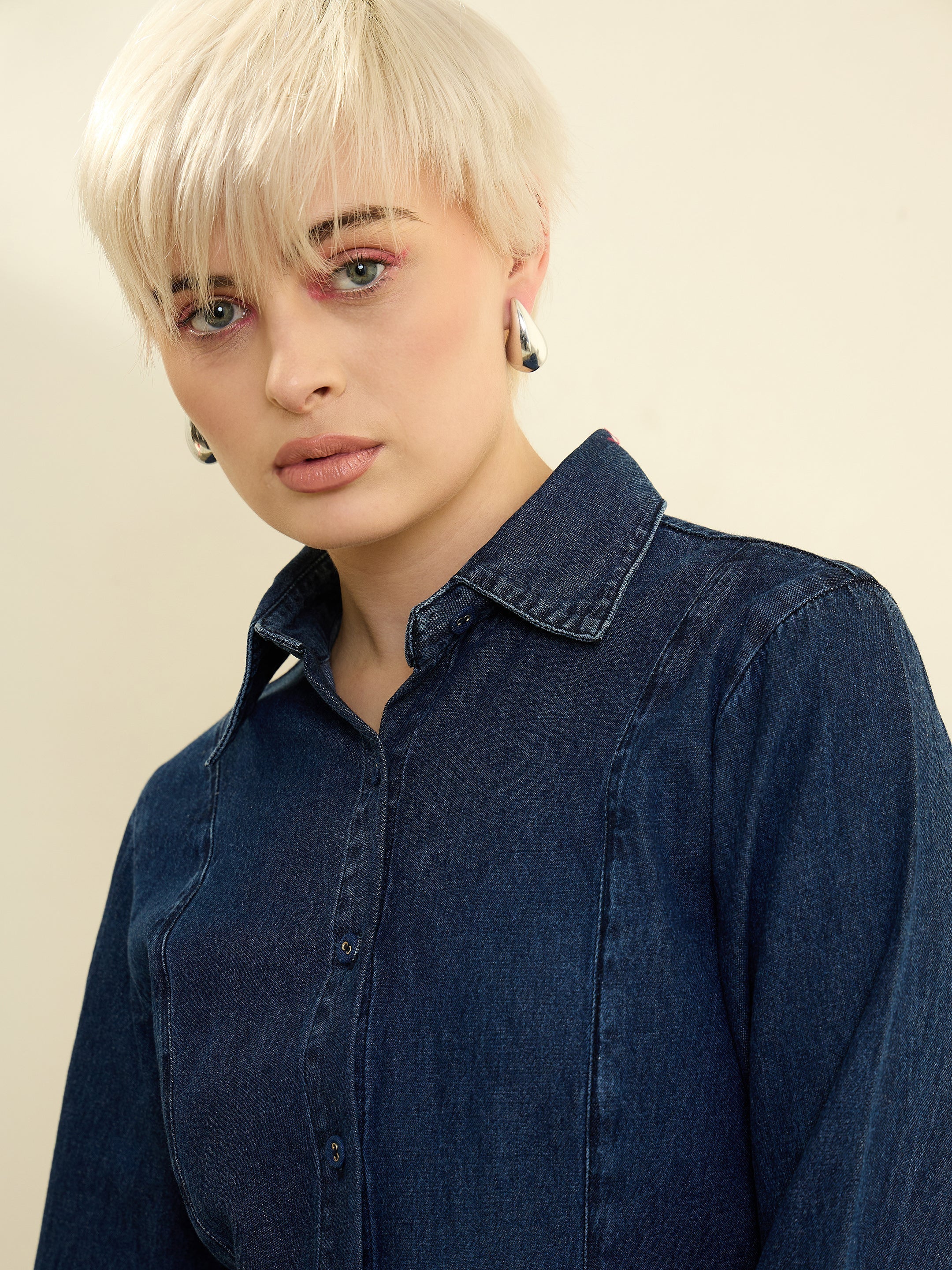 Women Navy Blue Denim Wash Slim Fit Shirt