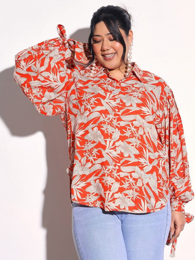 Women Orange Floral Sleeve Knot Collar Shirt