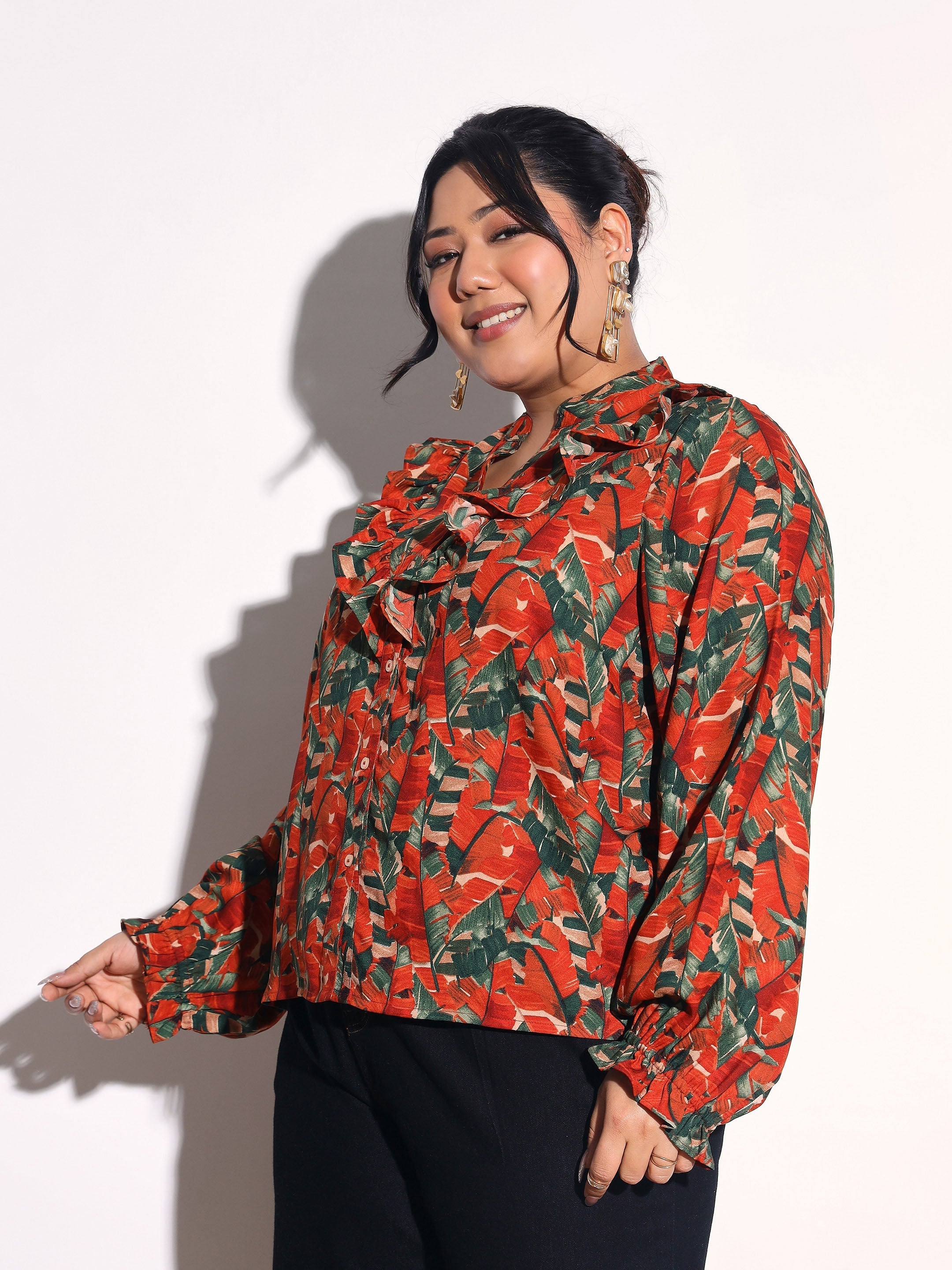 Women Rust Tropical Print Front Frill Regular Shirt