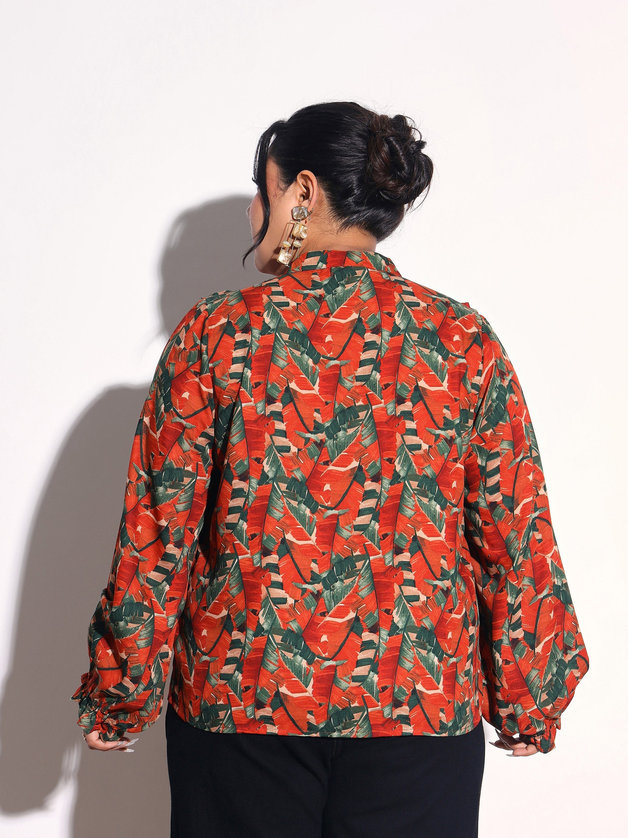 Women Rust Tropical Print Front Frill Regular Shirt
