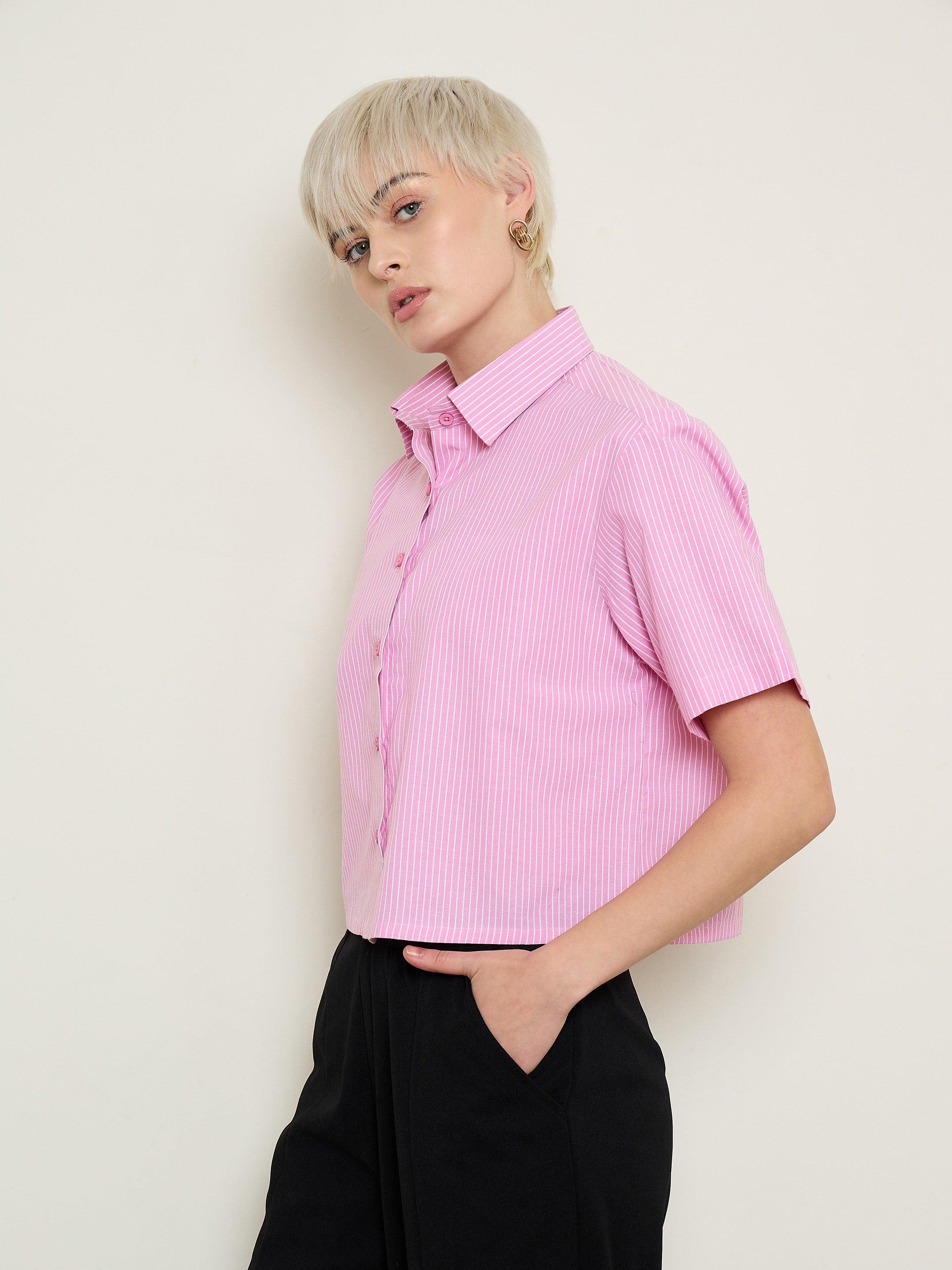 Women Pink Stripes Crop Shirt