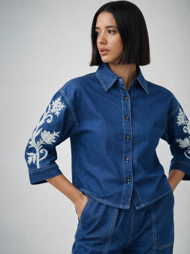 Women Navy Embroidered Tencel Crop Shirt